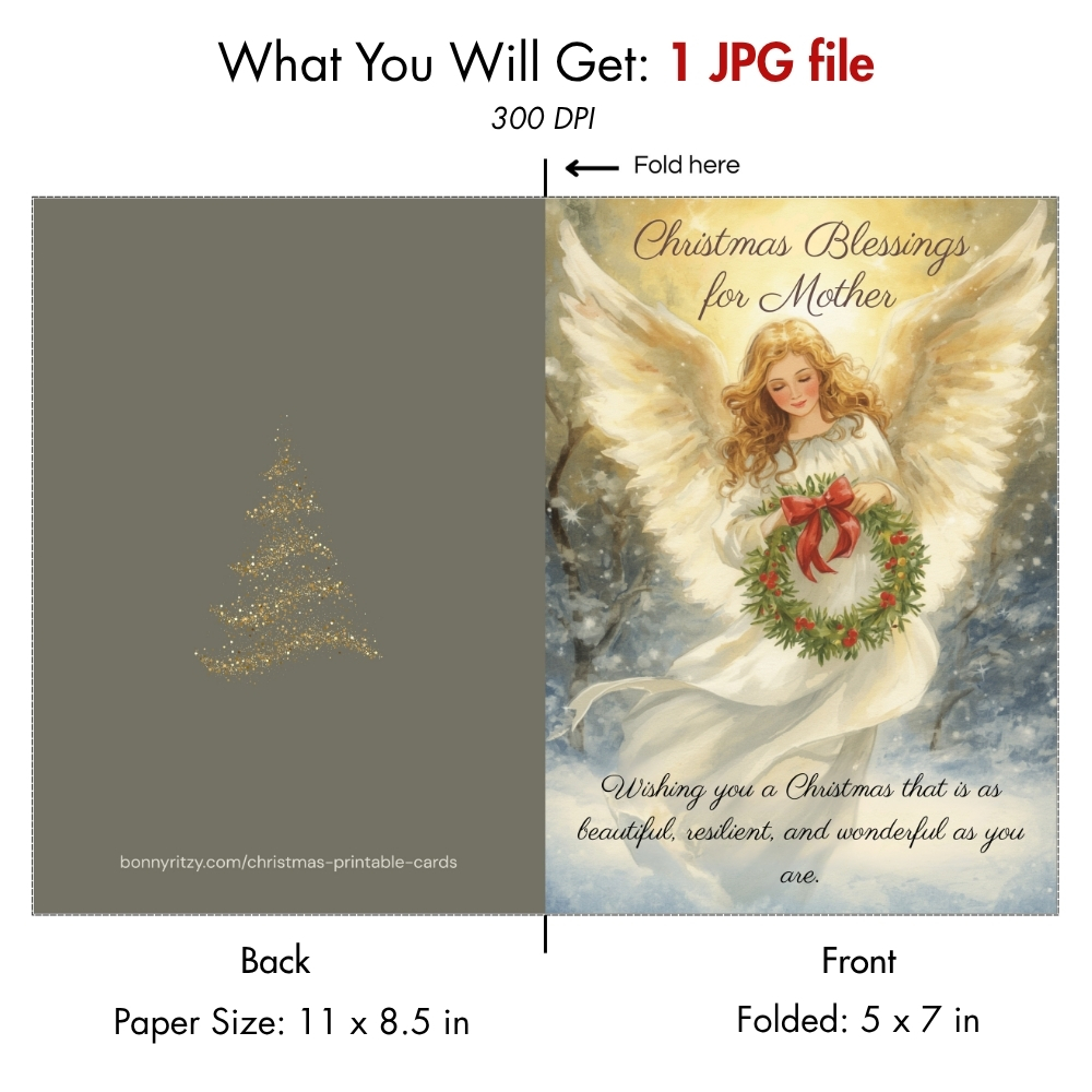 Printable Angel Christmas Card for Mom Instant Download
