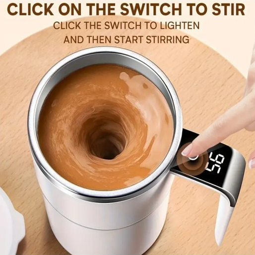 White Self-Stirring Coffee Mug – Rechargeable Travel Tumbler with Temperature Display