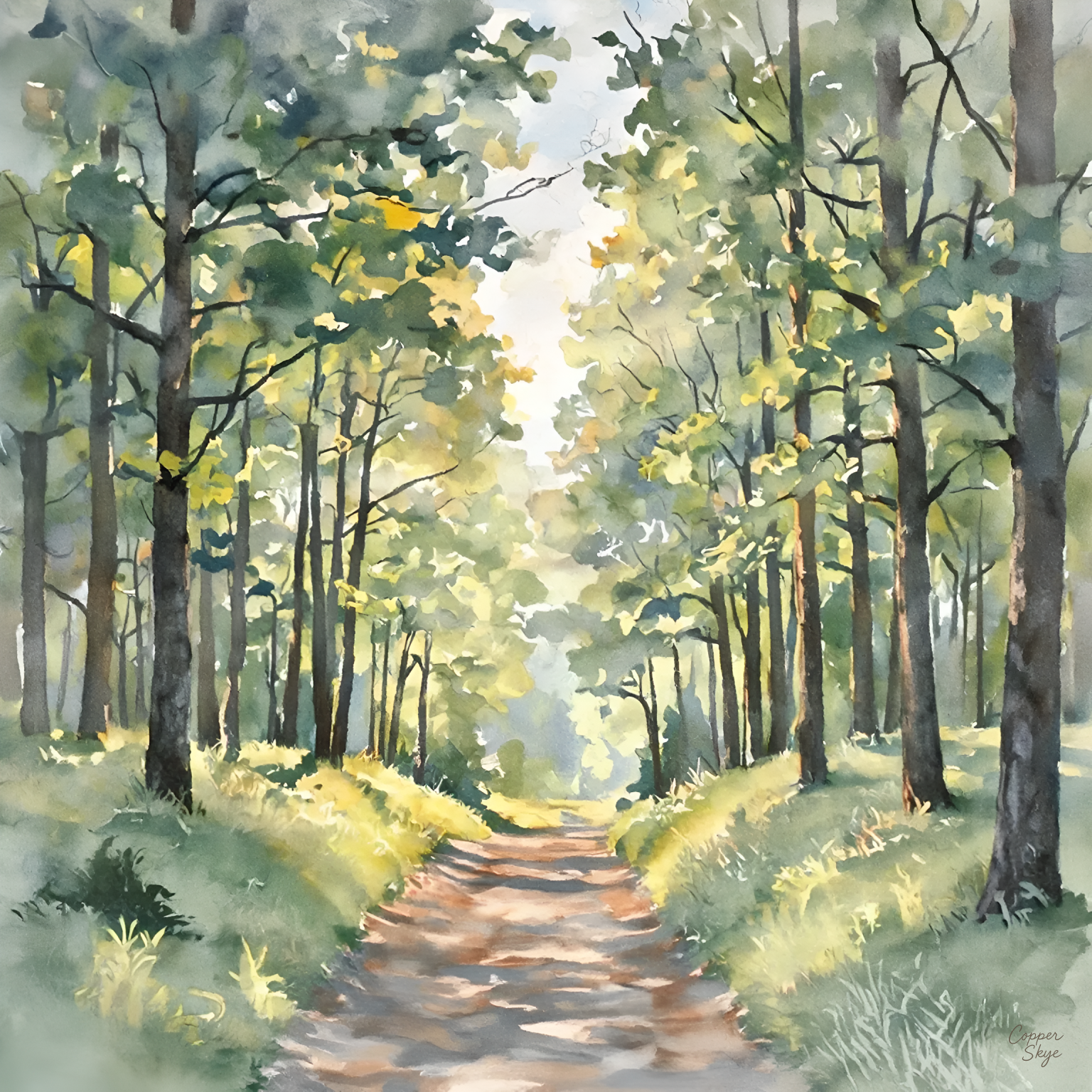 Sunlit Forest Path — Digital Watercolor Art Download