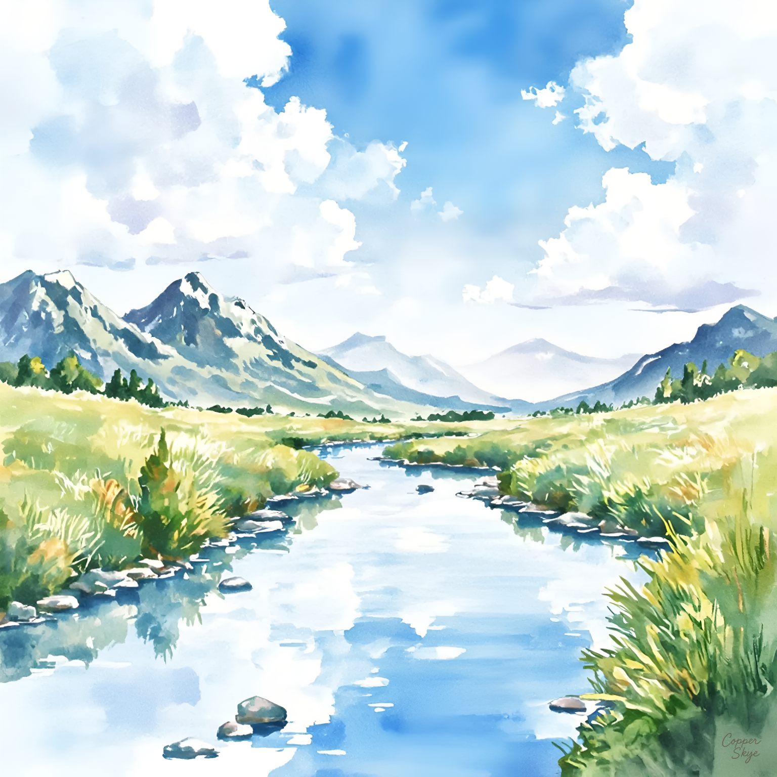 River Between the Mountains — Digital Watercolor Art Download