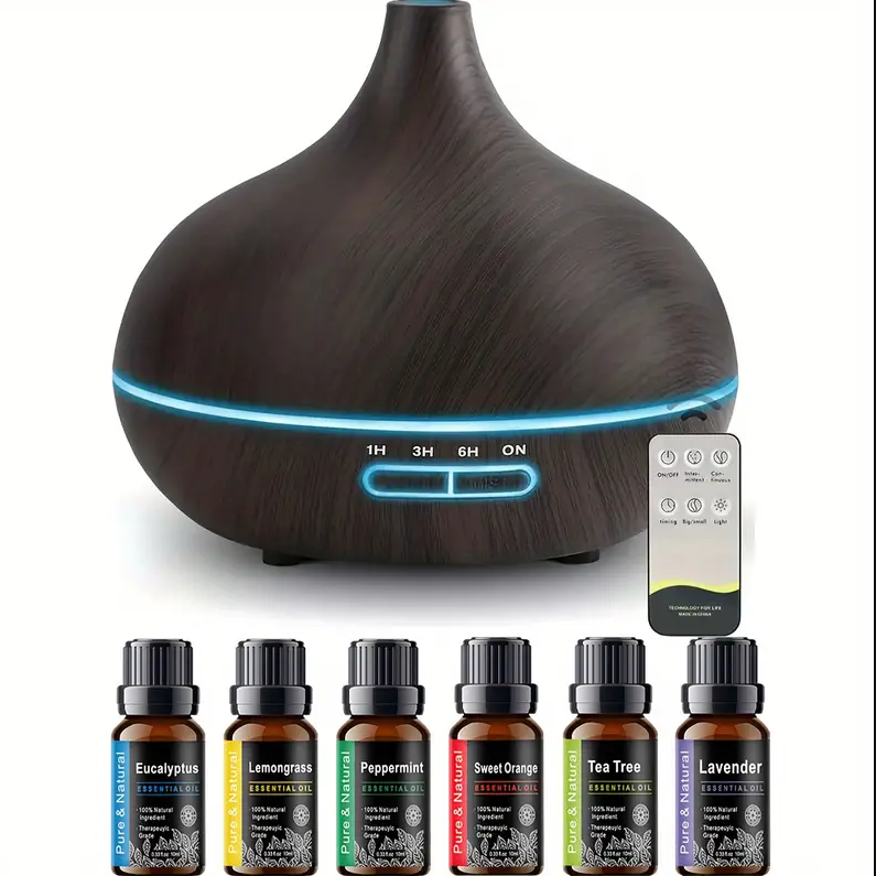 Aromatherapy Essential Oil Diffuser – Dark Wood Grain Ultrasonic with 6 Oils