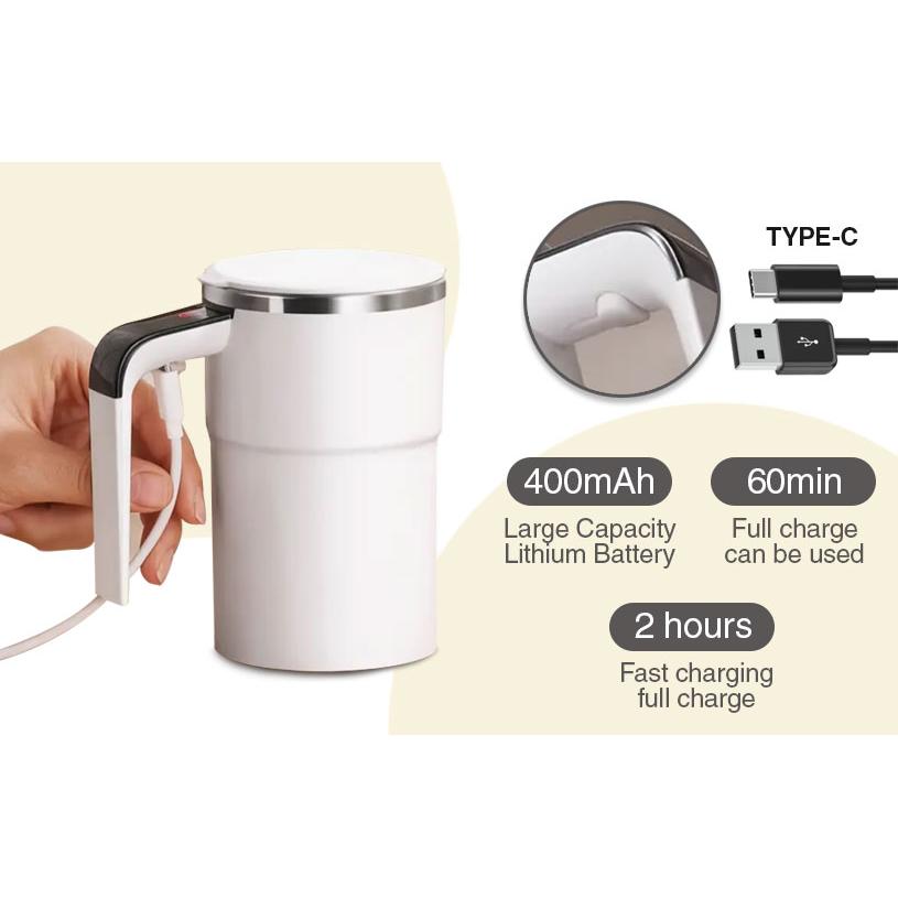 White Self-Stirring Coffee Mug – Rechargeable Travel Tumbler with Temperature Display