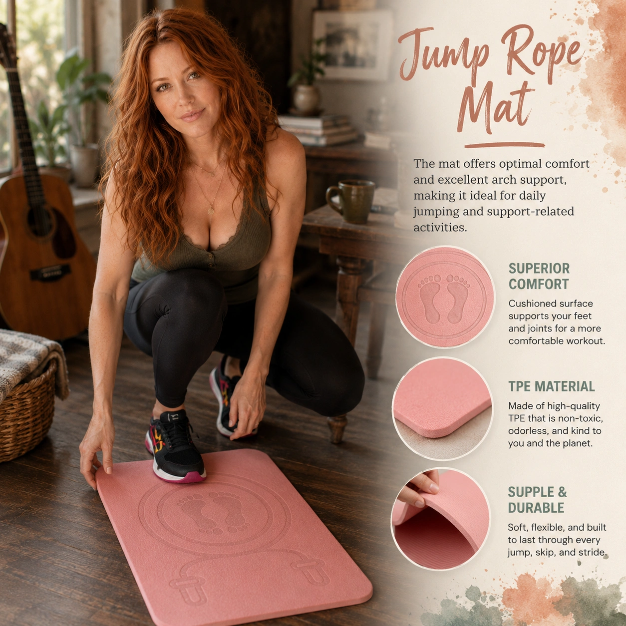 Pink Jump Rope Mat – Shock-Absorbing, Non-Slip TPE Exercise Mat
