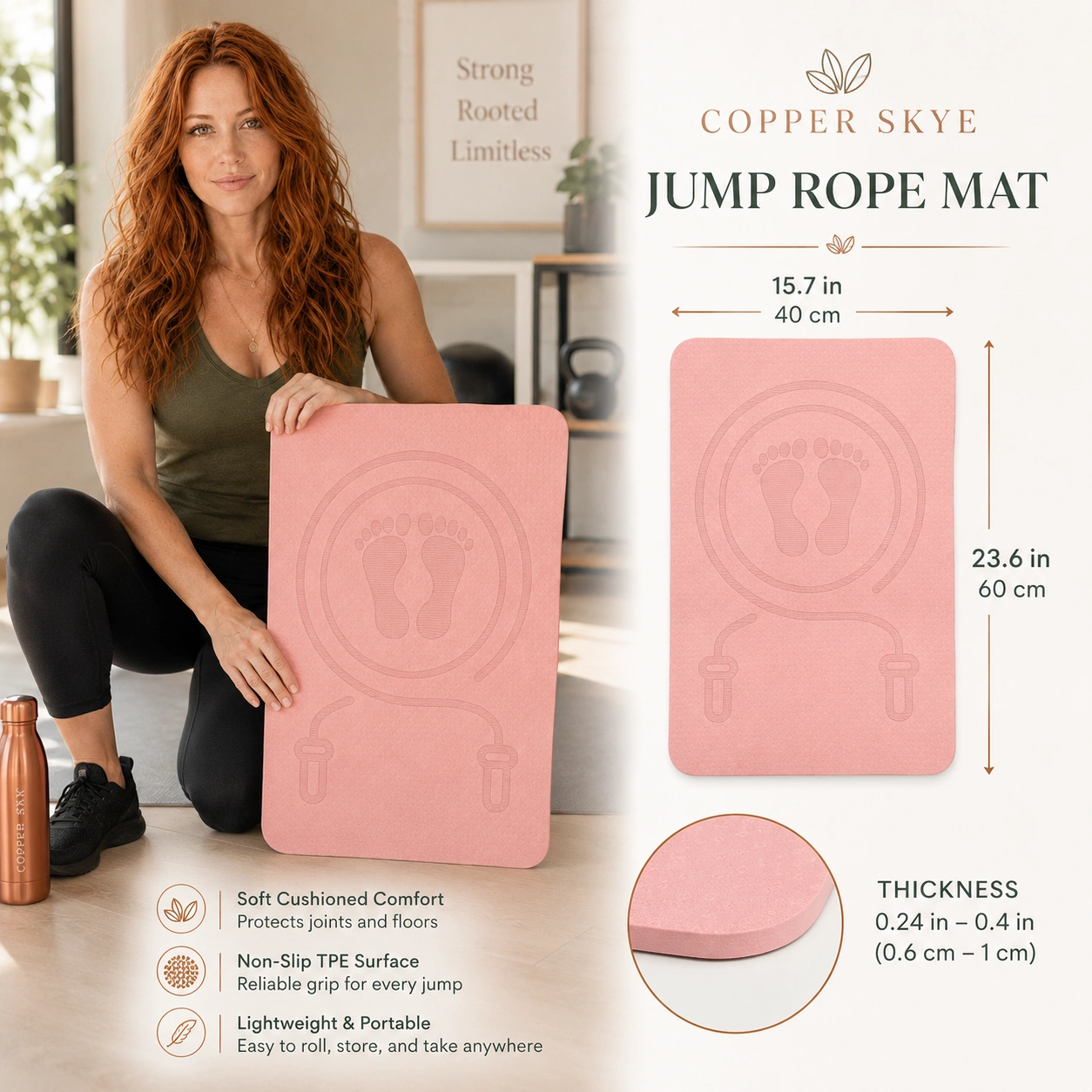 Pink Jump Rope Mat – Shock-Absorbing, Non-Slip TPE Exercise Mat