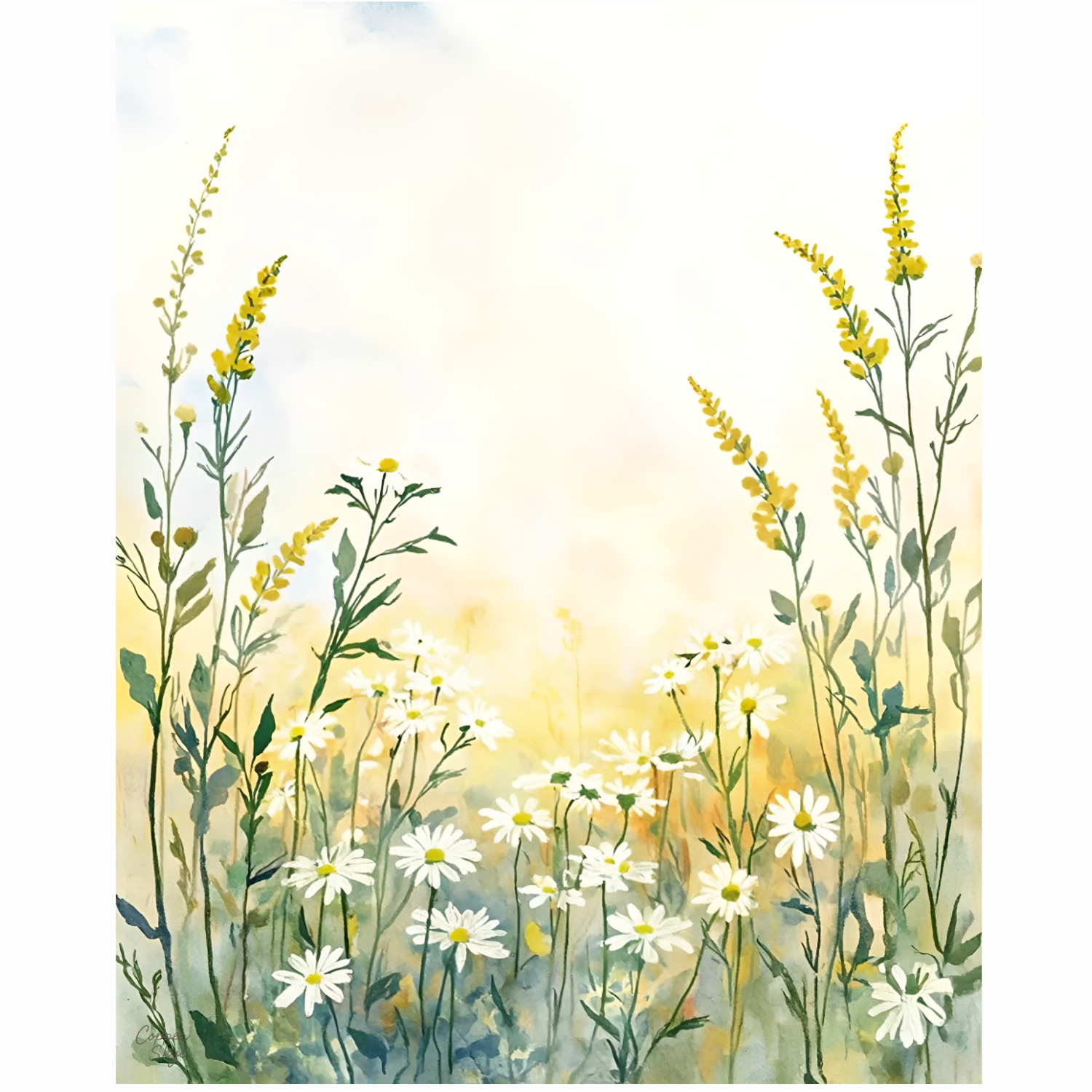 Windswept Daisies — Digital Watercolor Art Download