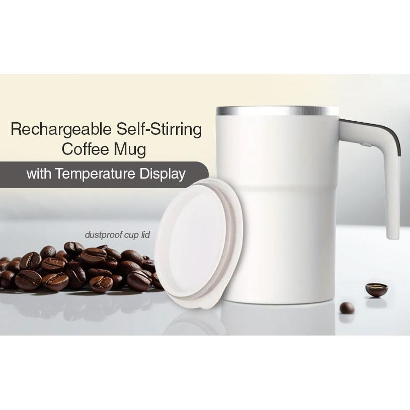 White Self-Stirring Coffee Mug – Rechargeable Travel Tumbler with Temperature Display