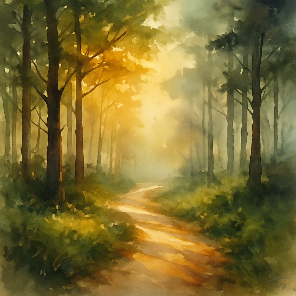 Golden Dawn Through the Pines — Digital Watercolor Art Download