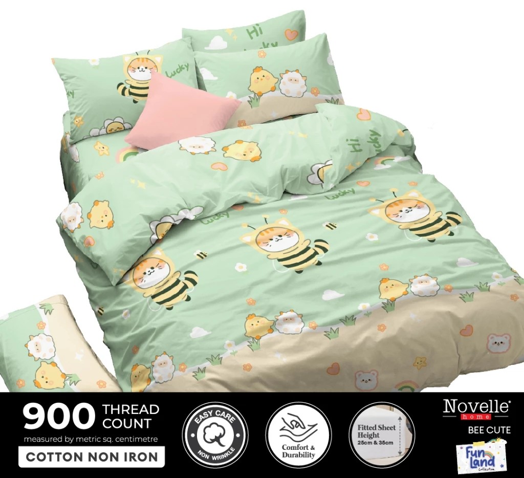 เซตผ้าปูที่นอนแบบรัดมุม Novelle Fun Land (ไม่มีผ้านวม/ปลอกผ้านวม) – ผ้าฝ้าย ไม่ต้องรีด 900 เส้นด้าย (ขนาด SINGLE/ SUPER SINGLE/ QUEEN) ค่ะ