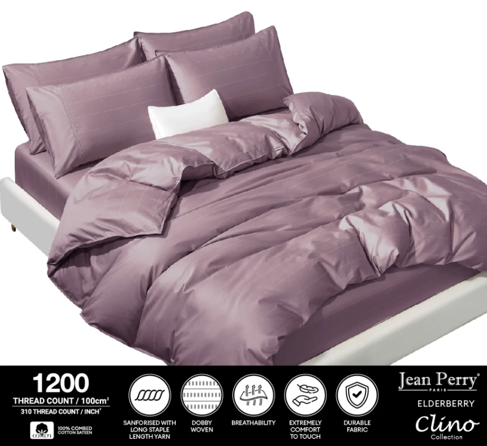 เซตผ้าปูที่นอนแบบรัดมุม Jean Perry Clino (ไม่มีผ้านวม) – ผ้าคอตตอนซาตินหวี 100% 1200 เส้นด้าย (ขนาด Super Single/ Queen/ King) ค่ะ