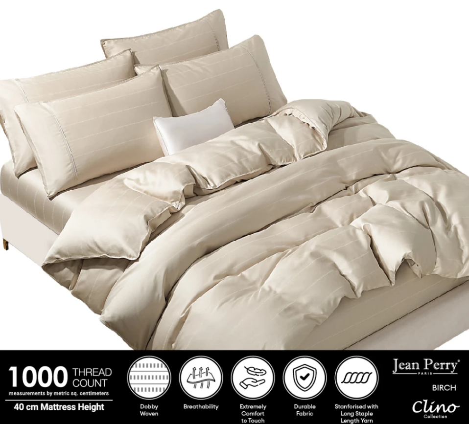 เซตผ้าปูที่นอนแบบรัดมุม Jean Perry Clino (ไม่มีผ้านวม/ปลอกผ้านวม) – ผ้าคอตตอนซาตินหวี 100% 1000 เส้นด้าย ค่ะ