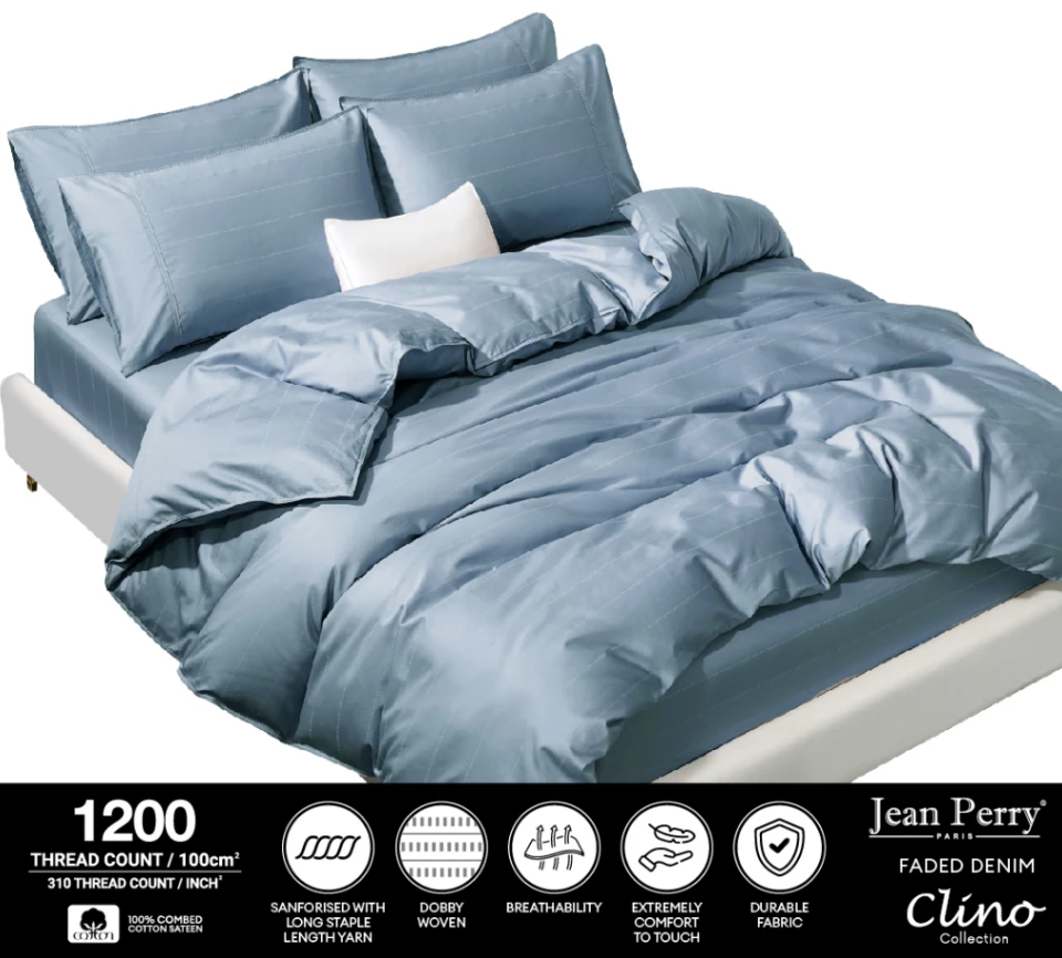 เซตผ้าปูที่นอนแบบรัดมุม Jean Perry Clino (ไม่มีผ้านวม) – ผ้าคอตตอนซาตินหวี 100% 1200 เส้นด้าย (ขนาด Super Single/ Queen/ King) ค่ะ
