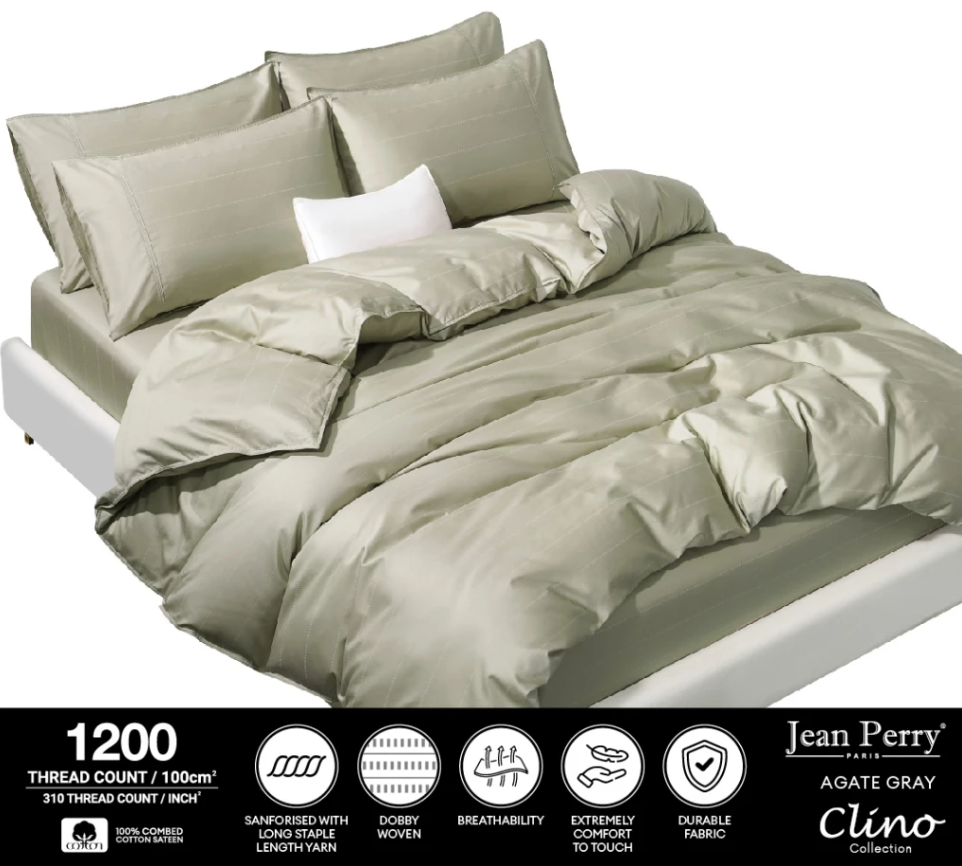 เซตผ้าปูที่นอนแบบรัดมุม Jean Perry Clino (ไม่มีผ้านวม) – ผ้าคอตตอนซาตินหวี 100% 1200 เส้นด้าย (ขนาด Super Single/ Queen/ King) ค่ะ