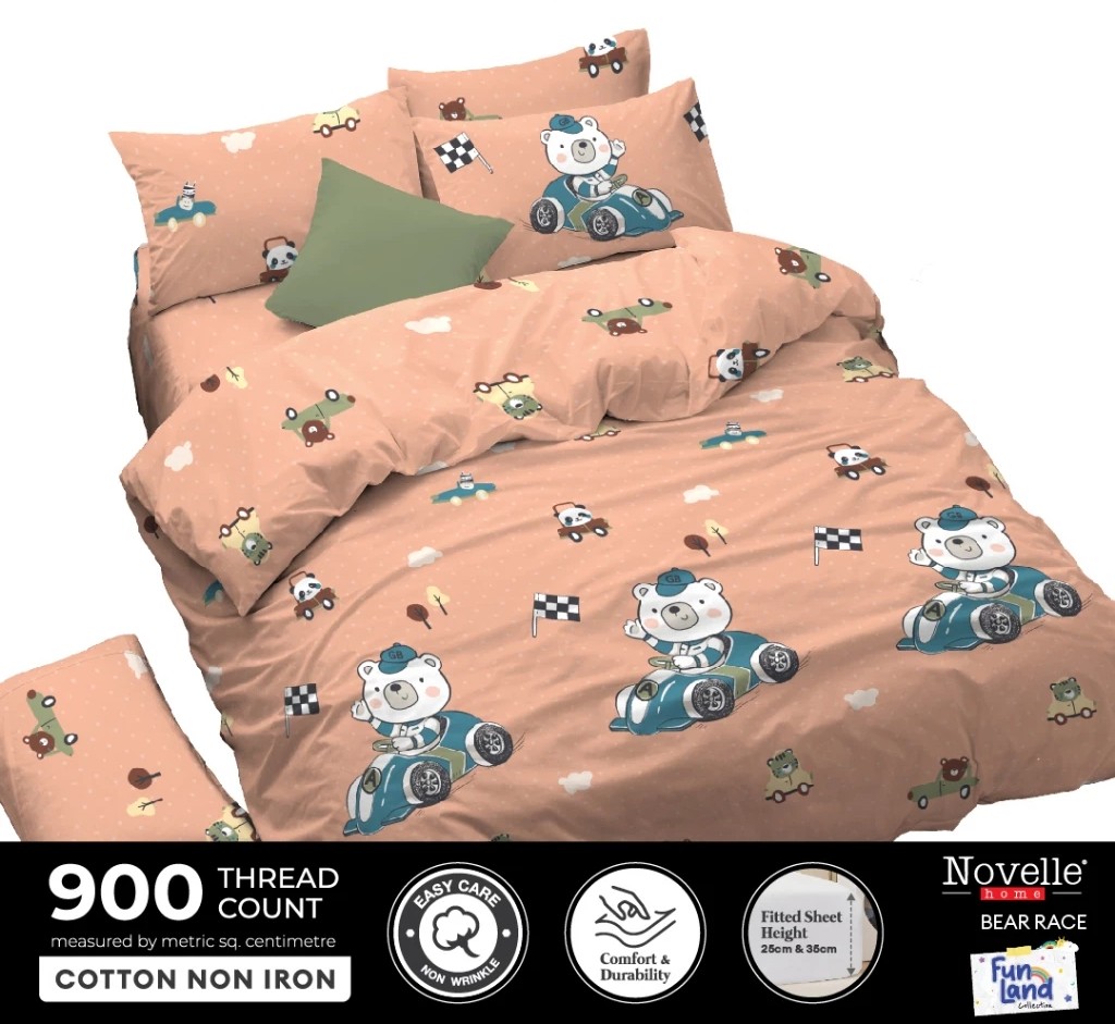 เซตผ้าปูที่นอนแบบรัดมุม Novelle Fun Land (ไม่มีผ้านวม/ปลอกผ้านวม) – ผ้าฝ้าย ไม่ต้องรีด 900 เส้นด้าย (ขนาด SINGLE/ SUPER SINGLE/ QUEEN) ค่ะ