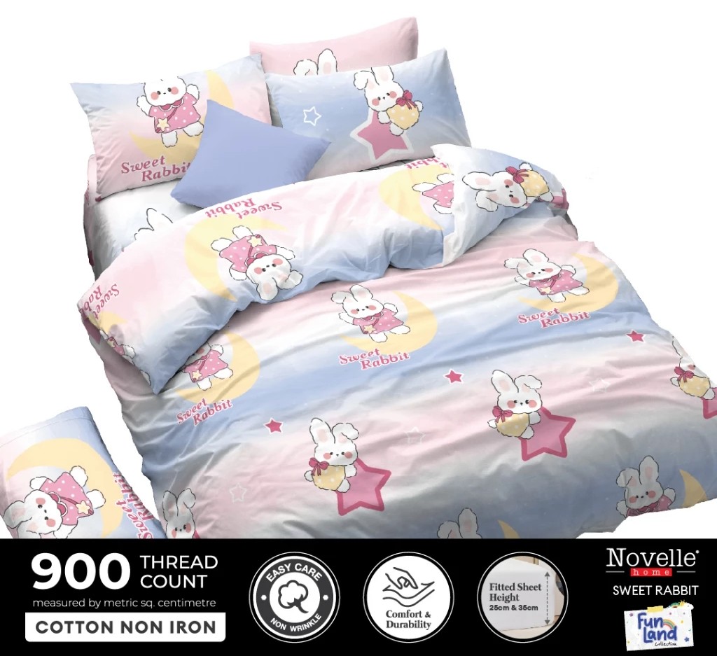 เซตผ้าปูที่นอนแบบรัดมุม Novelle Fun Land (ไม่มีผ้านวม/ปลอกผ้านวม) – ผ้าฝ้าย ไม่ต้องรีด 900 เส้นด้าย (ขนาด SINGLE/ SUPER SINGLE/ QUEEN) ค่ะ