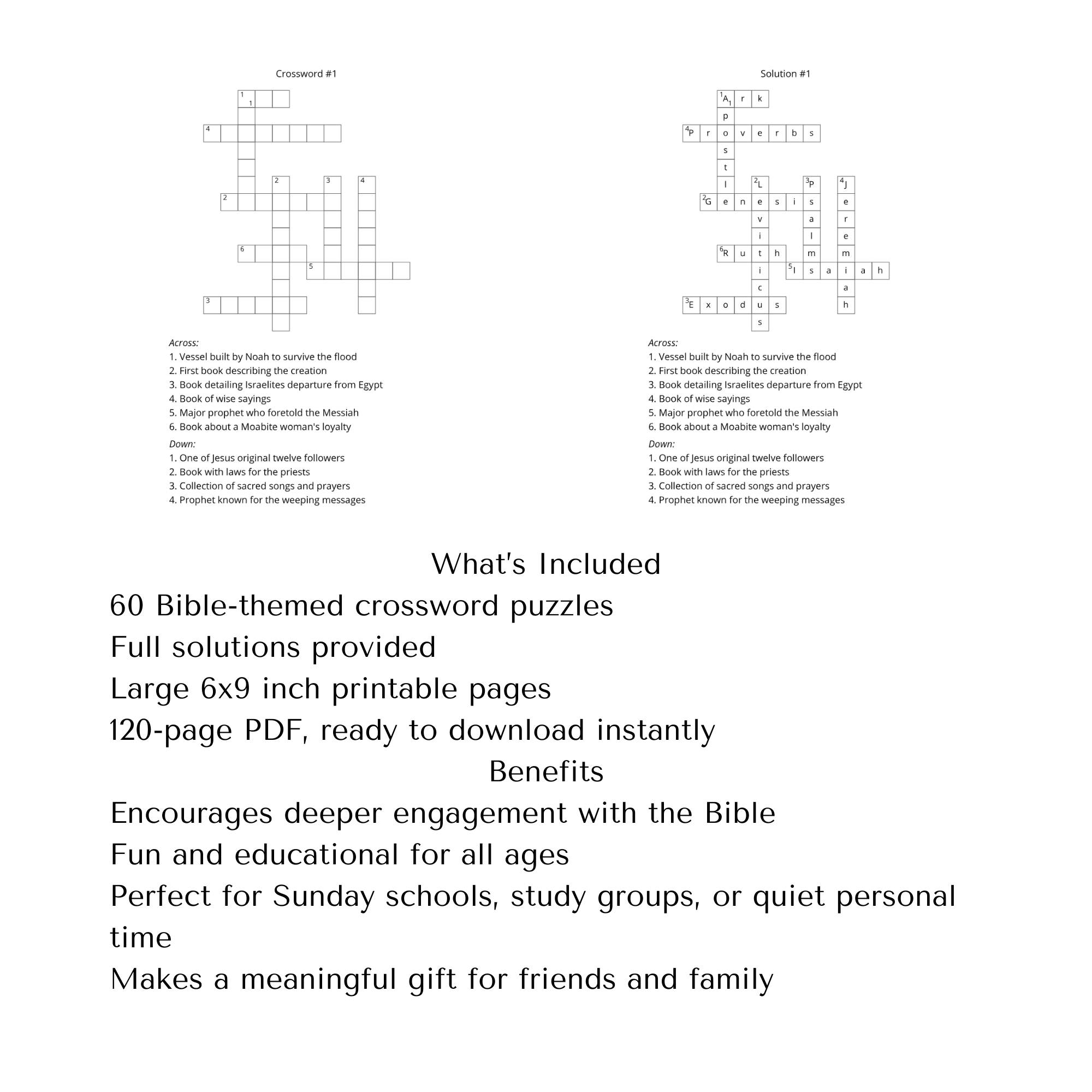Bible-Themed Crossword Puzzle Book (60 Puzzles, Printable PDF, 6x9)