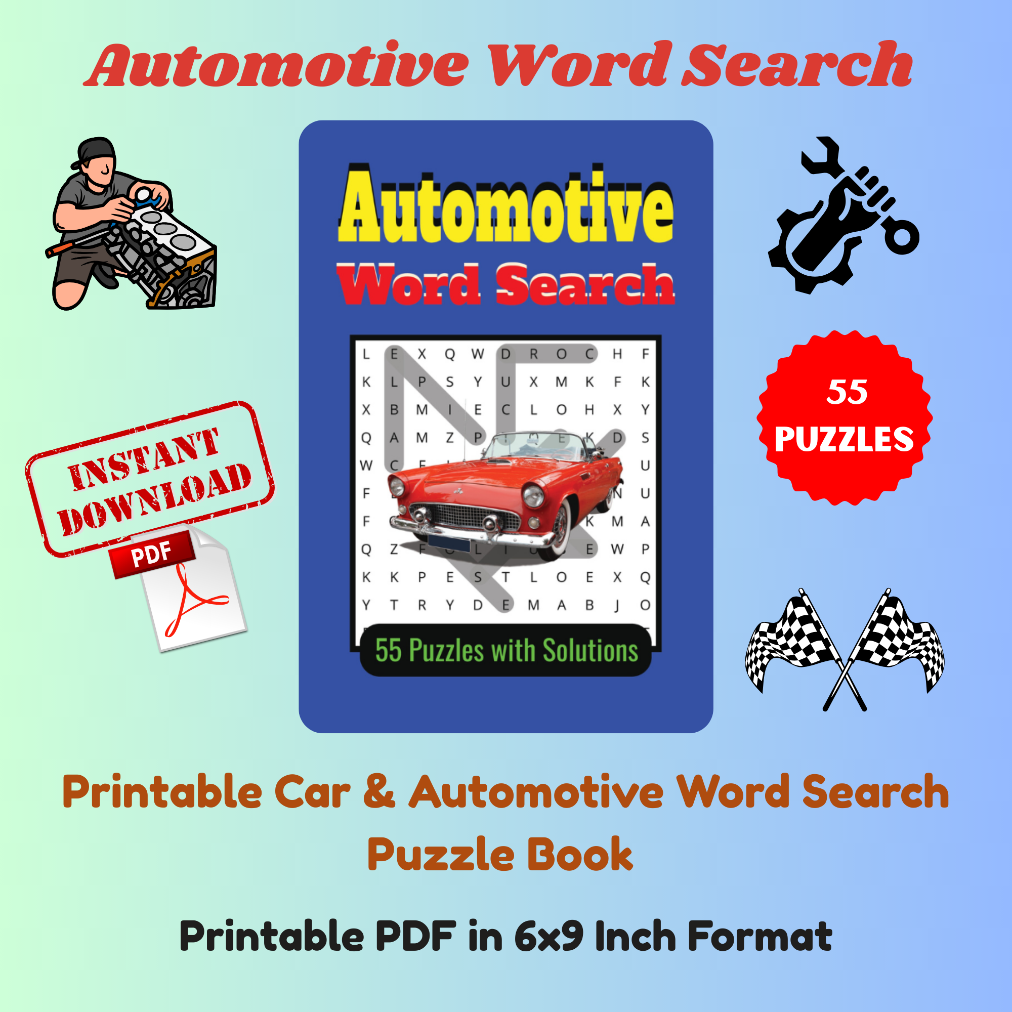 Automotive Word Search (55 Puzzles, Printable PDF, 6x9)