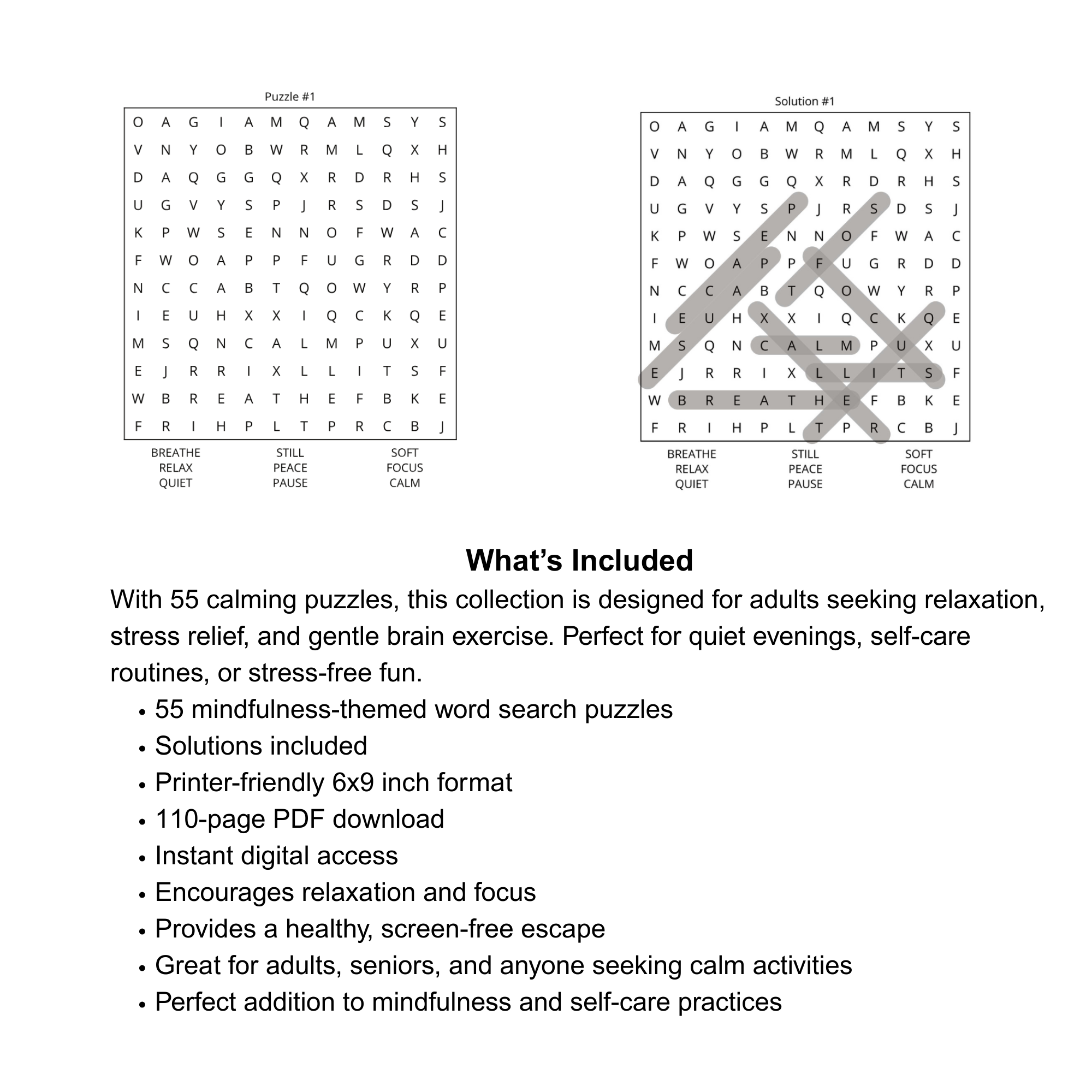 Mindfulness Word Search for Adults (55 Puzzles, Printable PDF, 6x9)