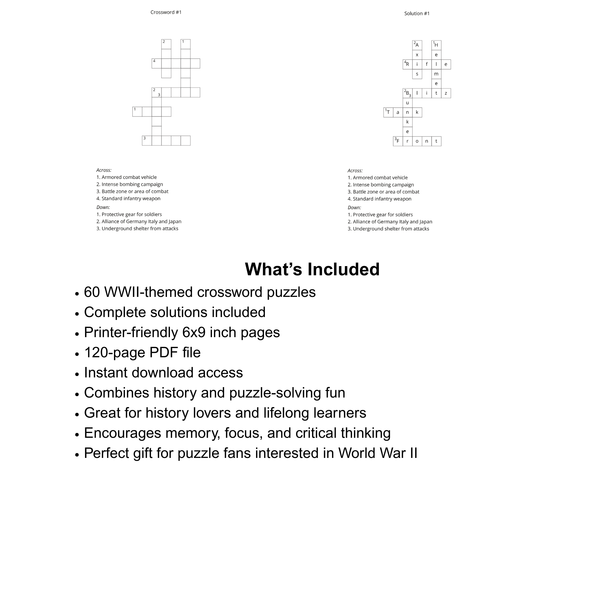 World War II Crossword Puzzle Book (60 Puzzles, Printable PDF, 6x9)
