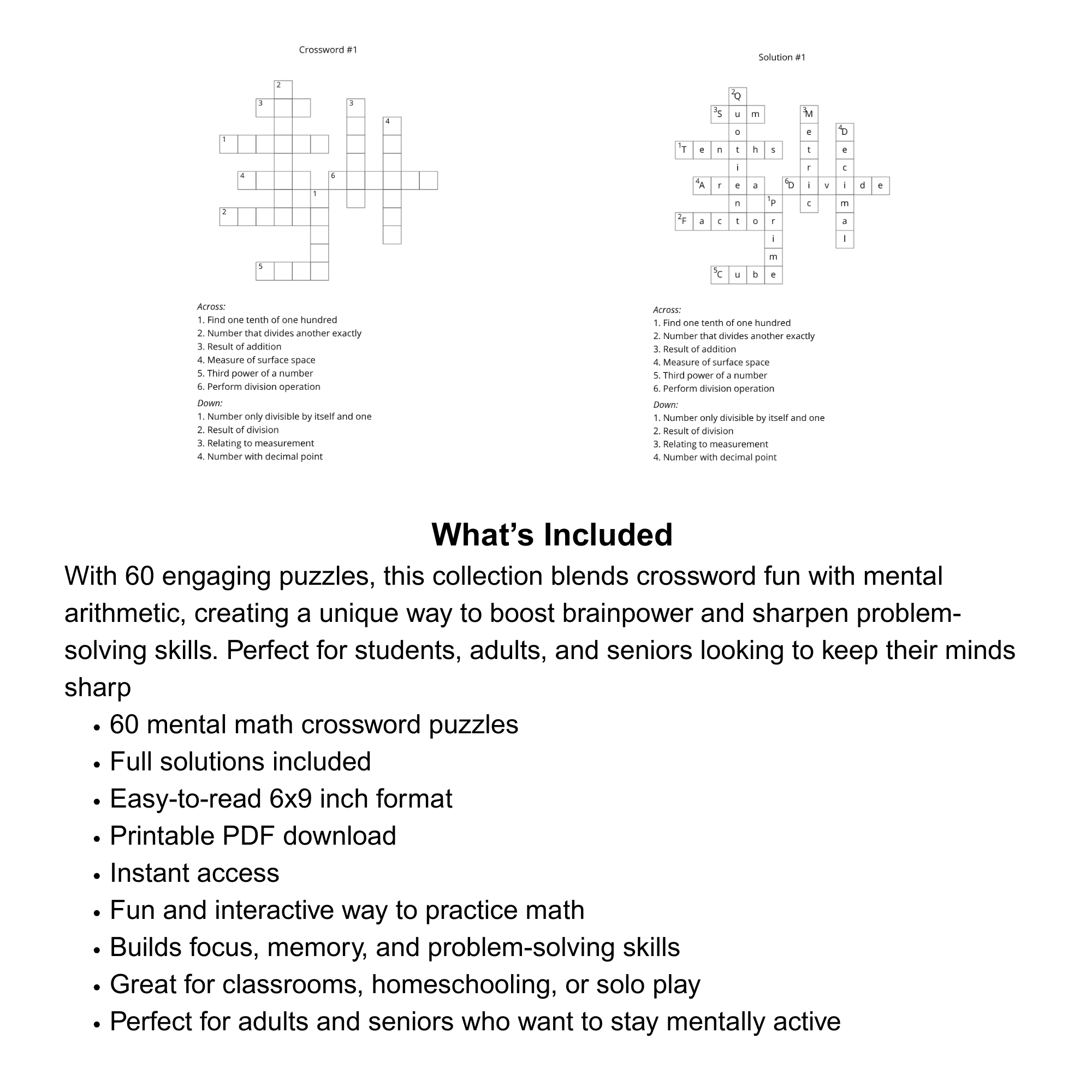 Mental Math Crossword Puzzle Book (60 Puzzles, Printable PDF, 6x9)