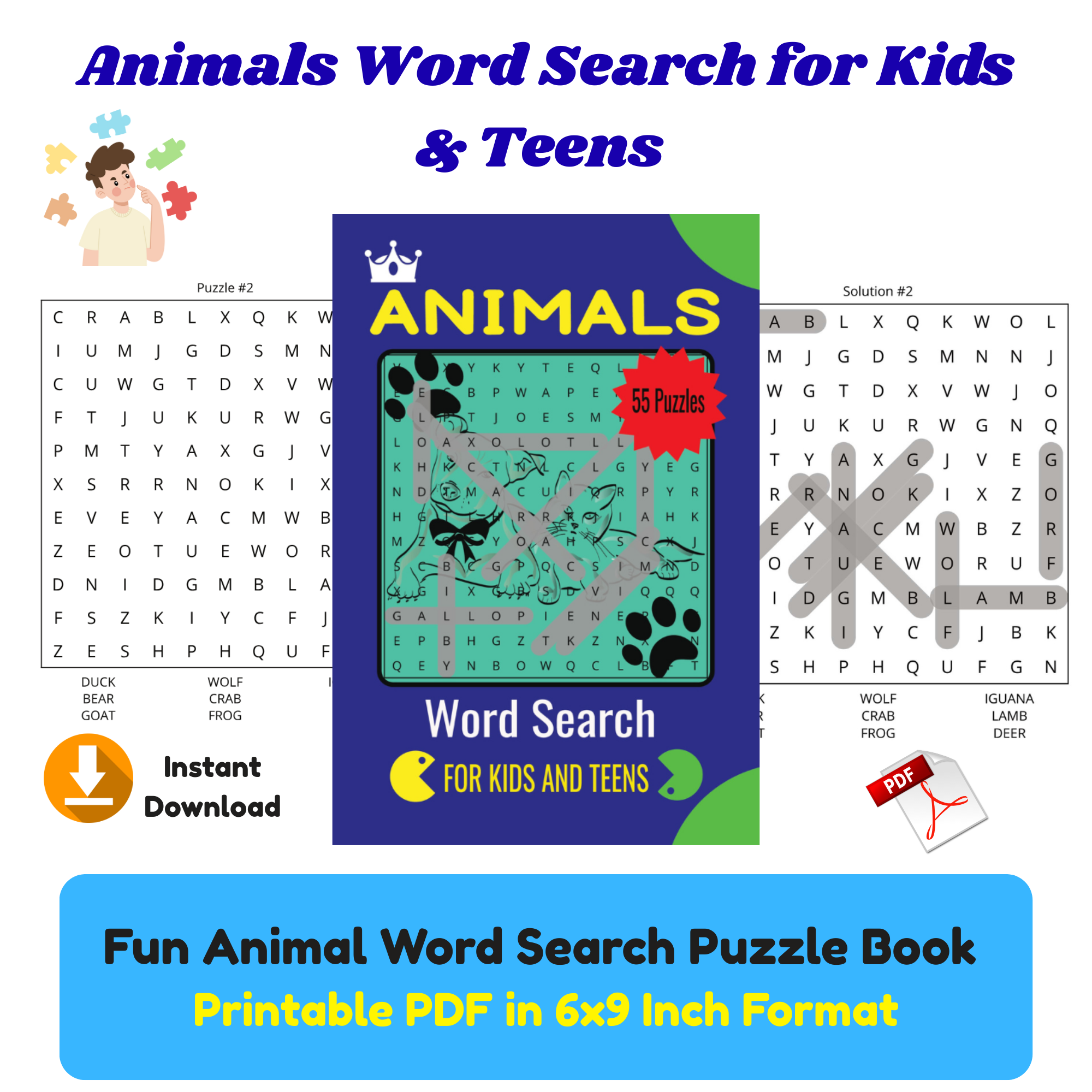Animals Word Search for Kids & Teens (55 Puzzles, Printable PDF, 6x9)