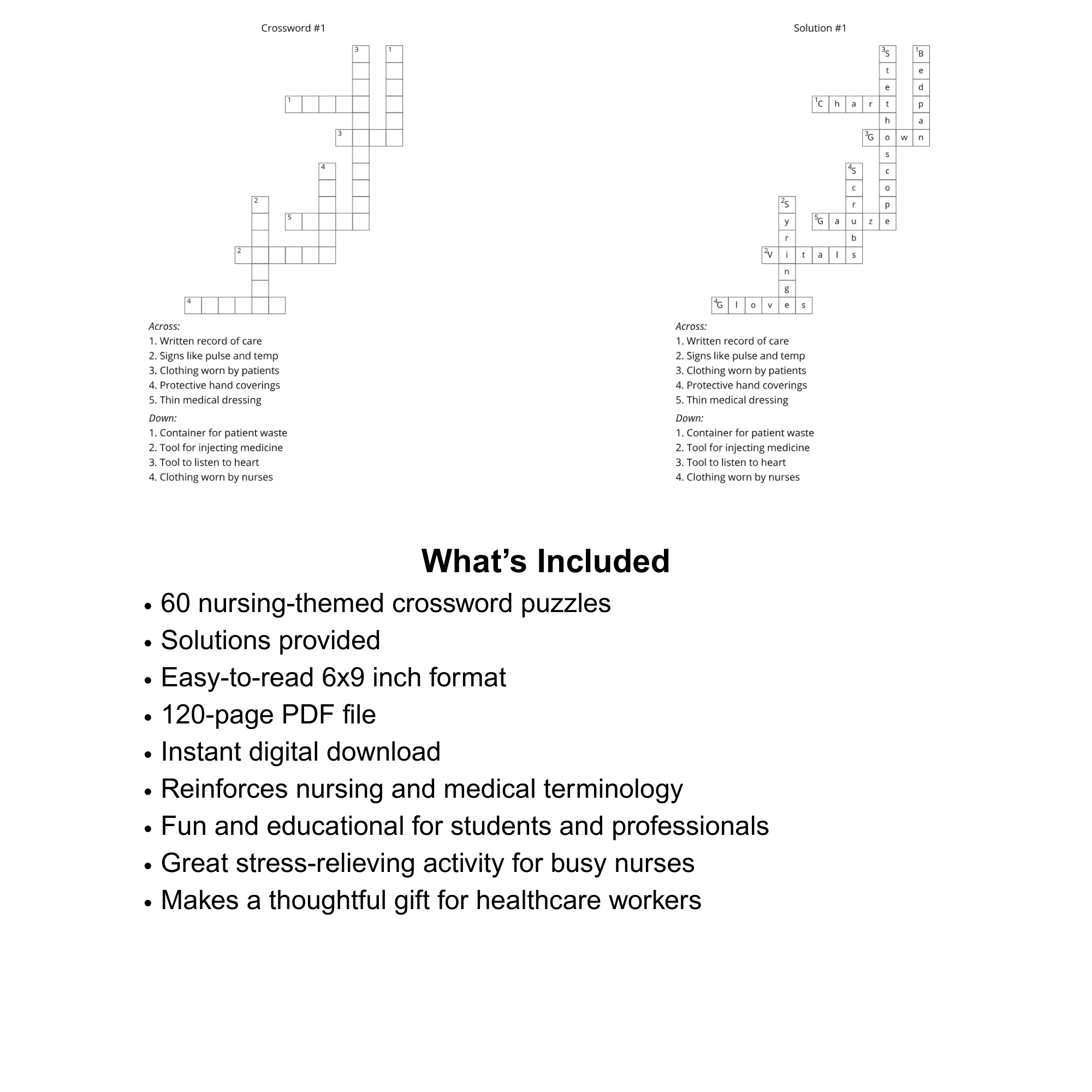 Nursing Crossword Puzzle Book (60 Puzzles, Printable PDF, 6x9)