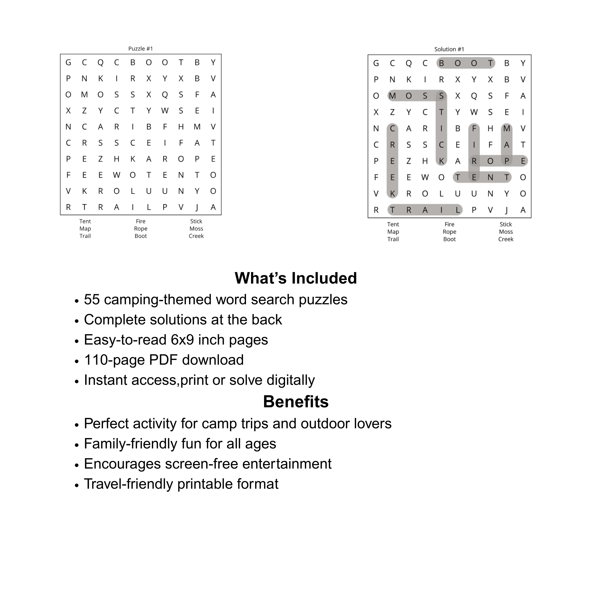 Camping Word Search Puzzle Book (55 Puzzles, Printable PDF, 6x9)