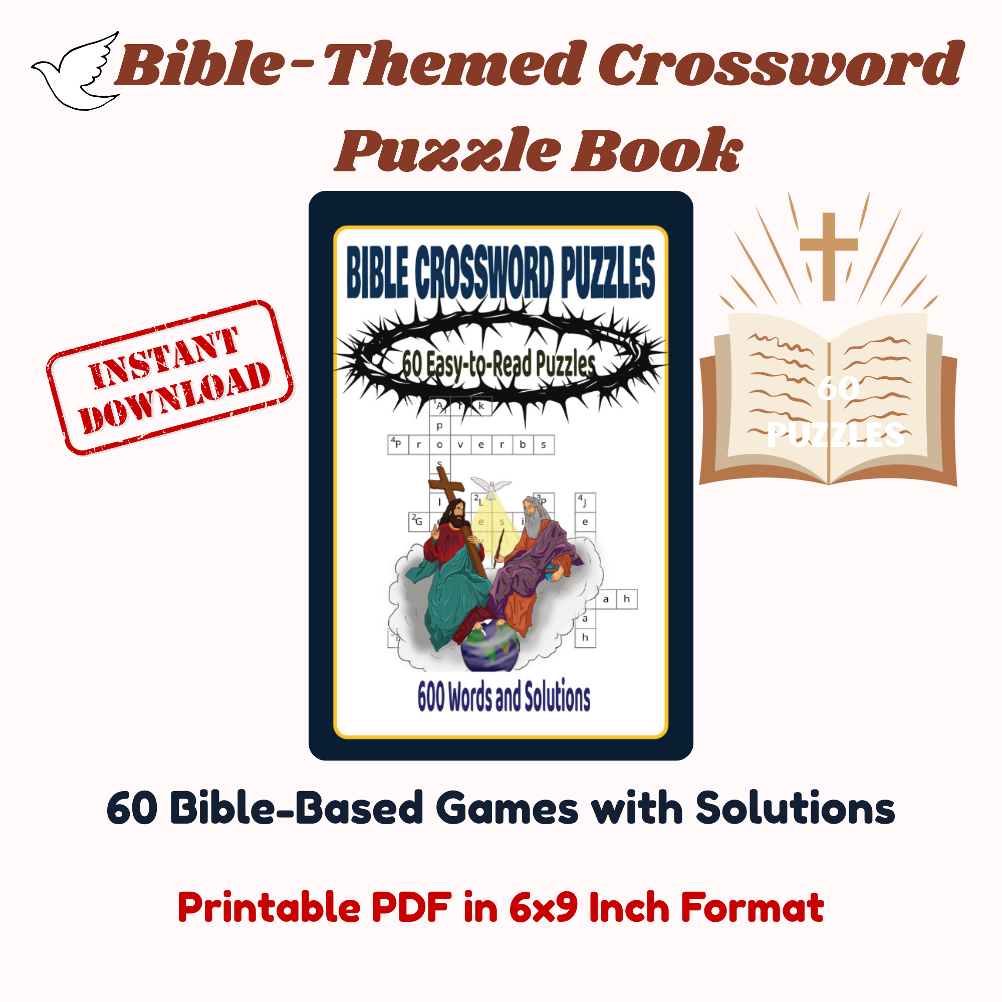 Bible-Themed Crossword Puzzle Book (60 Puzzles, Printable PDF, 6x9)
