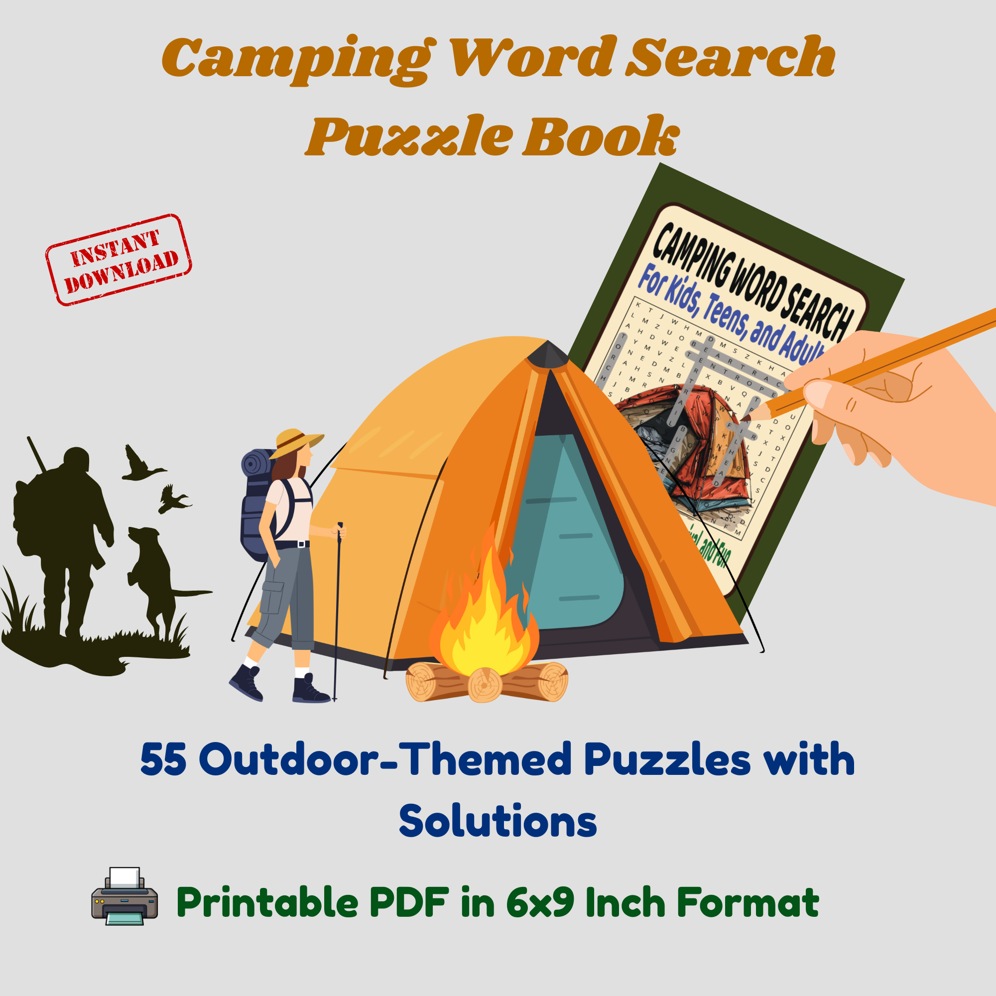 Camping Word Search Puzzle Book (55 Puzzles, Printable PDF, 6x9)