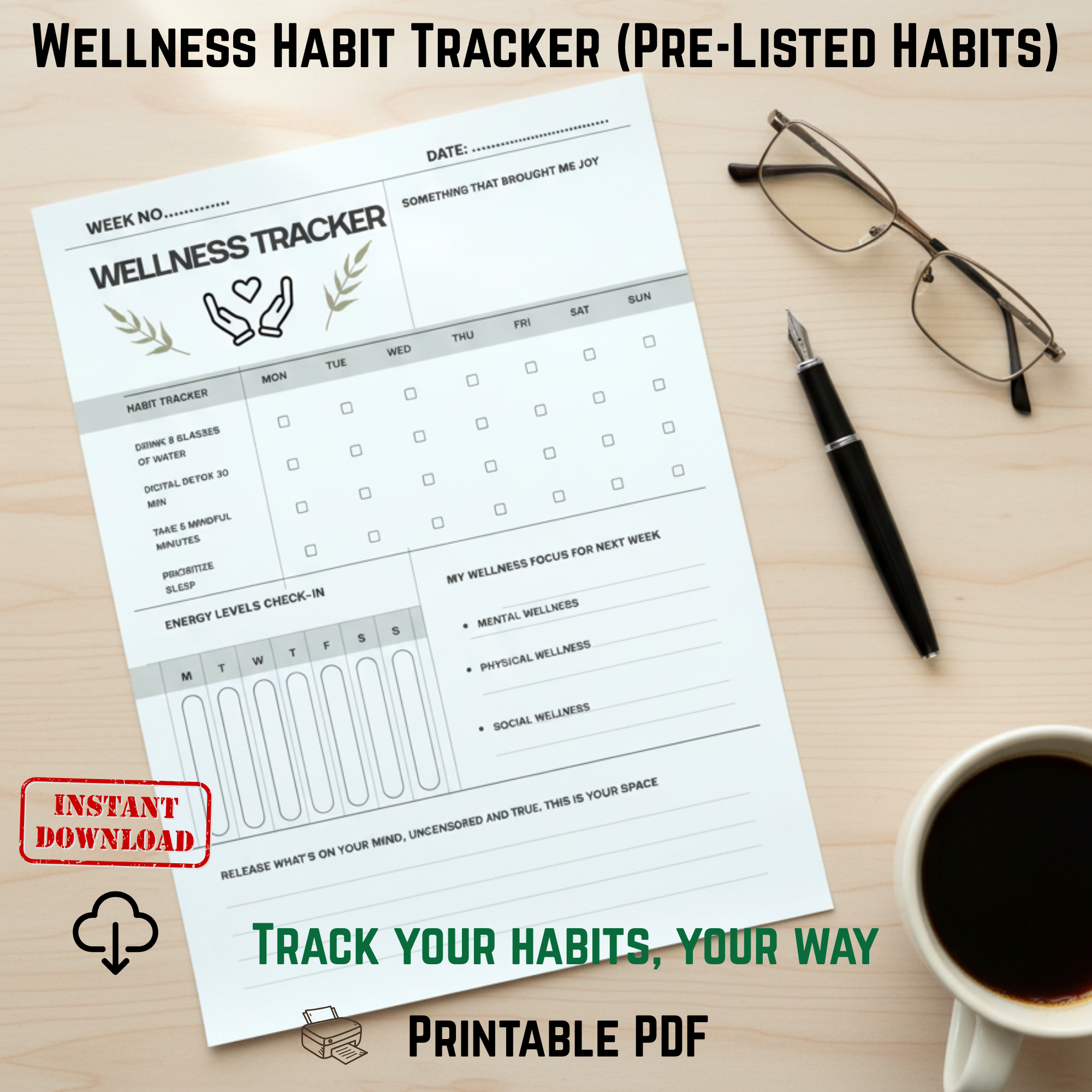 Wellness Habit Tracker | Self-Care Printable Planner | Digital Detox & Mindful Living