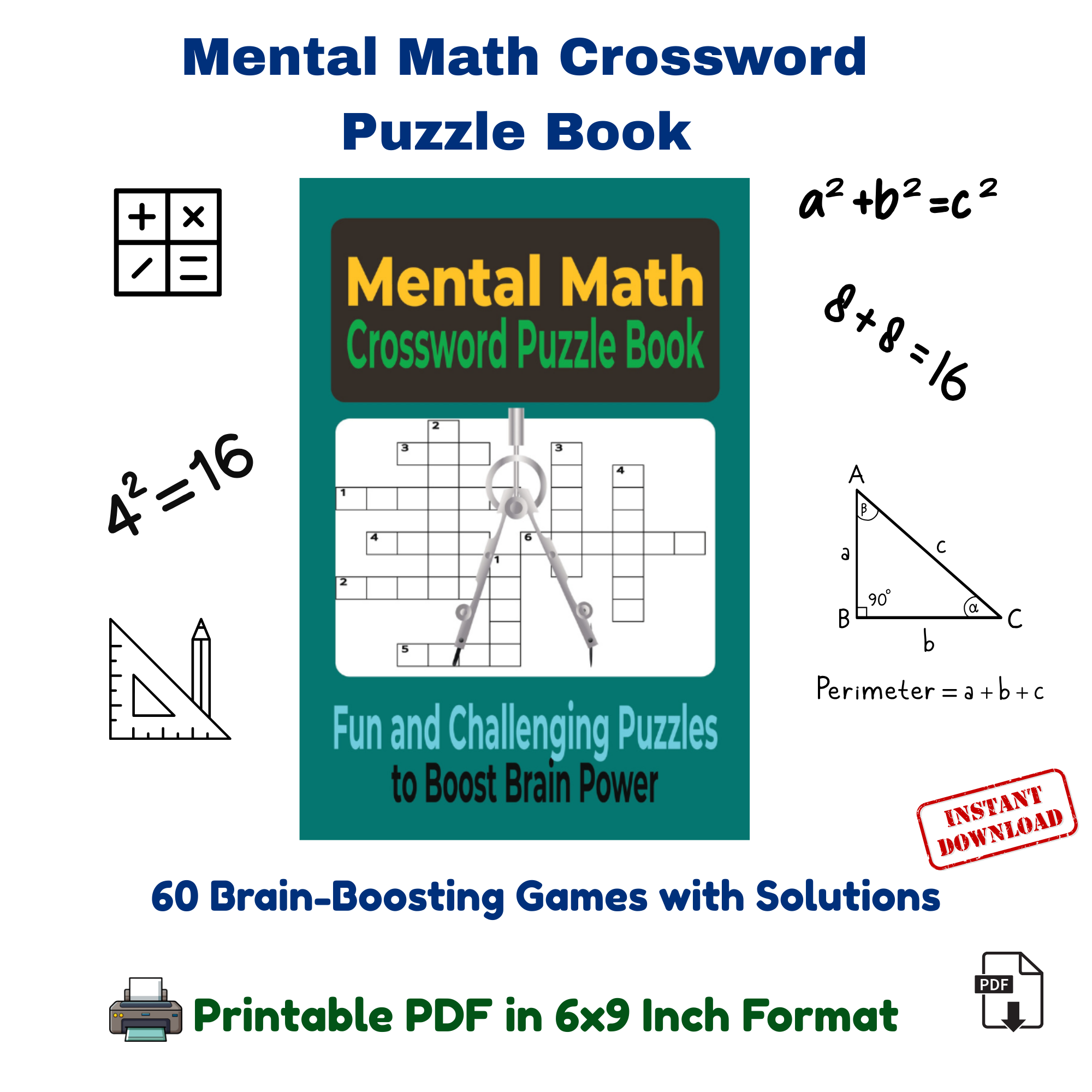 Mental Math Crossword Puzzle Book (60 Puzzles, Printable PDF, 6x9)