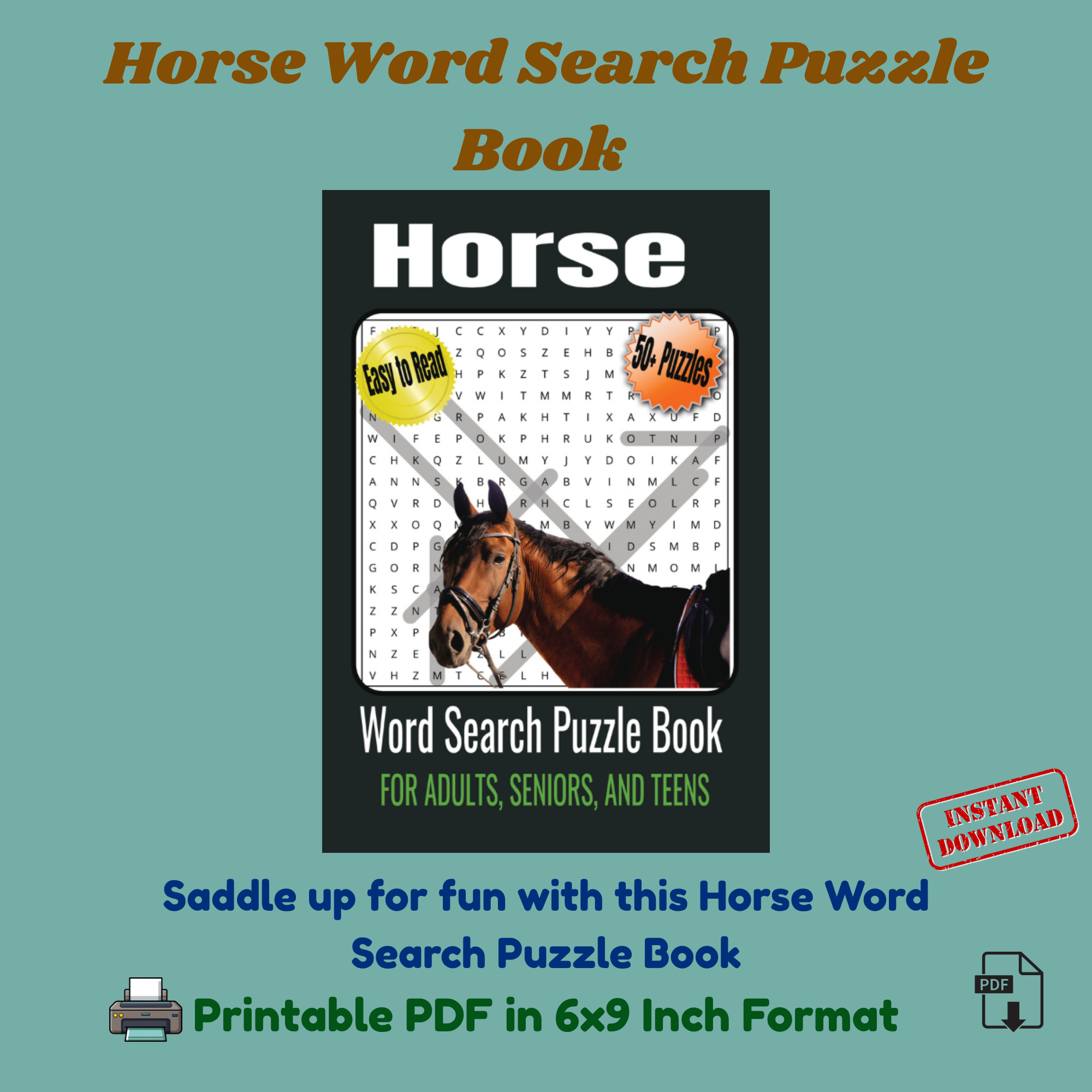 Horse Word Search Puzzle Book (55 Puzzles, Printable PDF, 6x9)