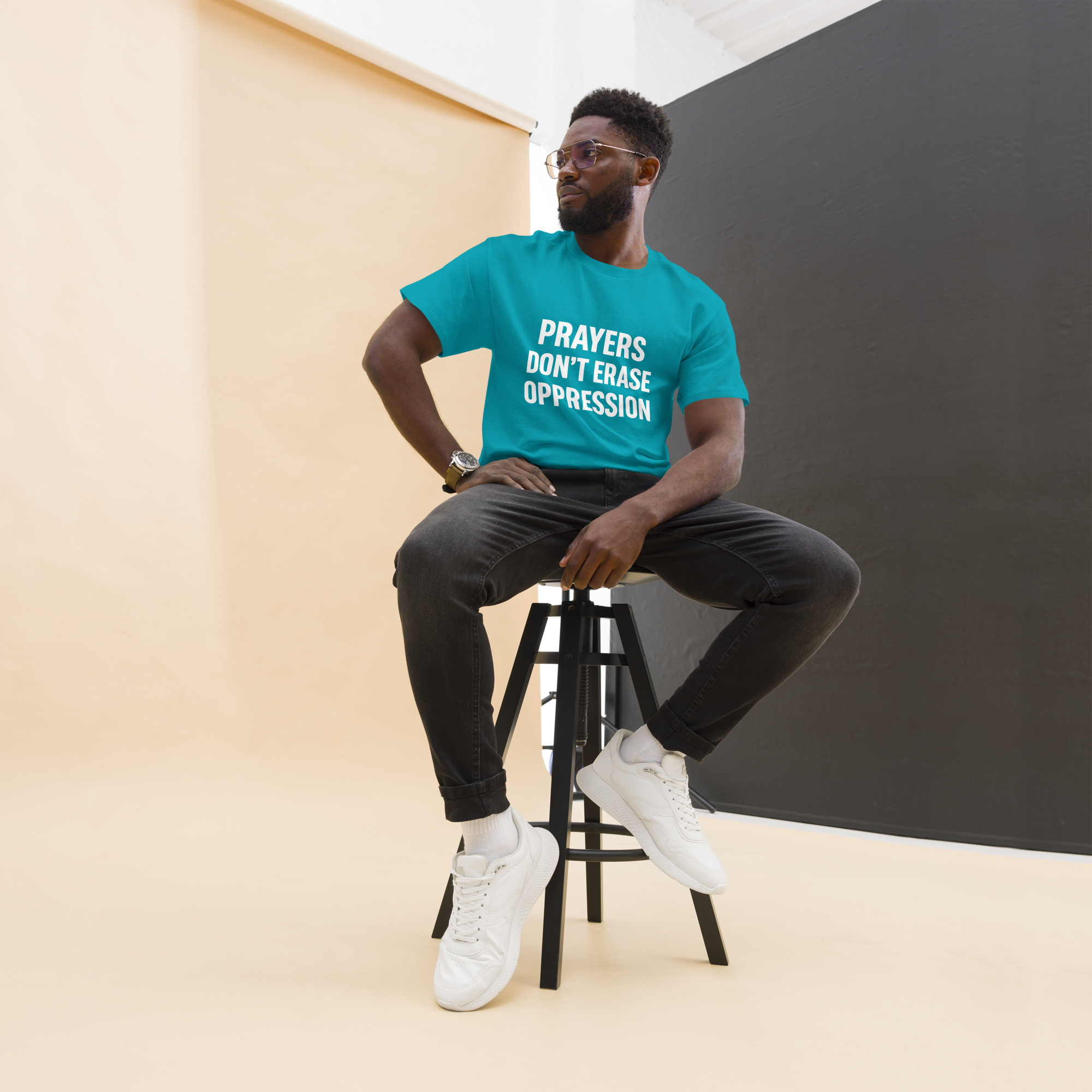 "Prayers don't erase oppression" Tee, Bold Typeface Design