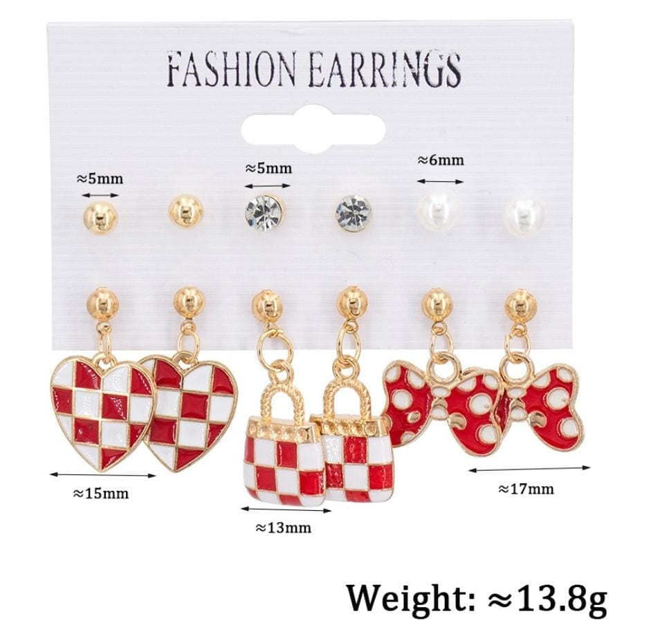 White & red heart, bow and bag( 6 pair earings set)  ER-03