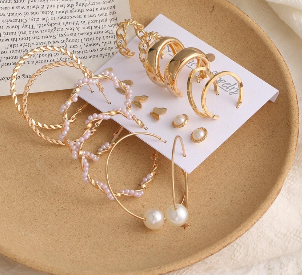 Golden studs & big hoop earings ( 9 pair earings set) ER-11