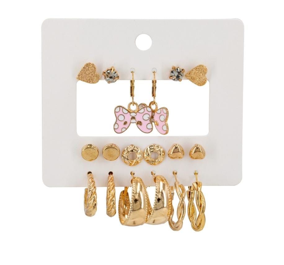 Golden studs & pink bow (9 pair earing's set)  ER-01