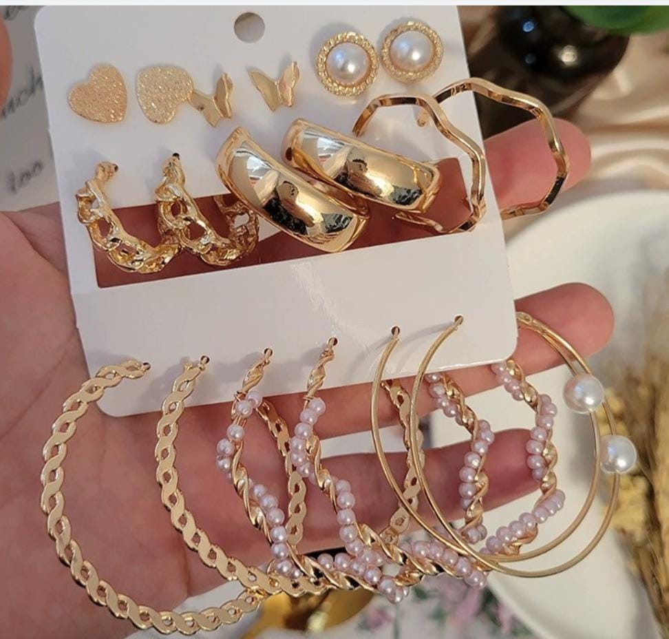 Golden studs & big hoop earings ( 9 pair earings set) ER-11