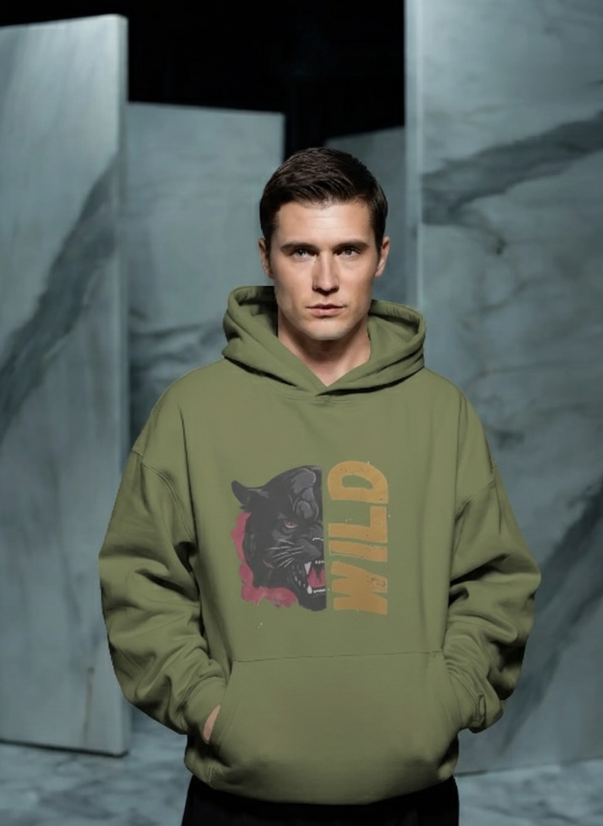 Olive Green WILD Panther Graphic Hoodie