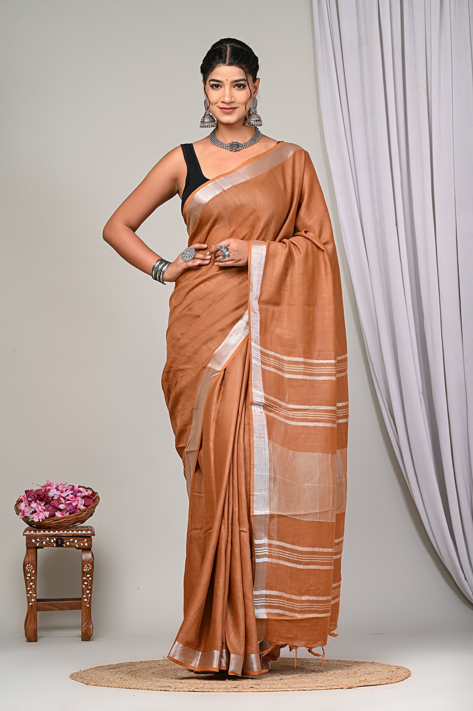 Handwoven Brown Cotton Saree