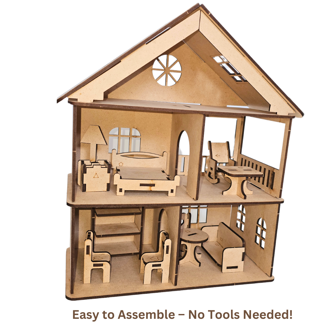 Wooden DIY Dollhouse Kit with Furniture, and Watercolor Set