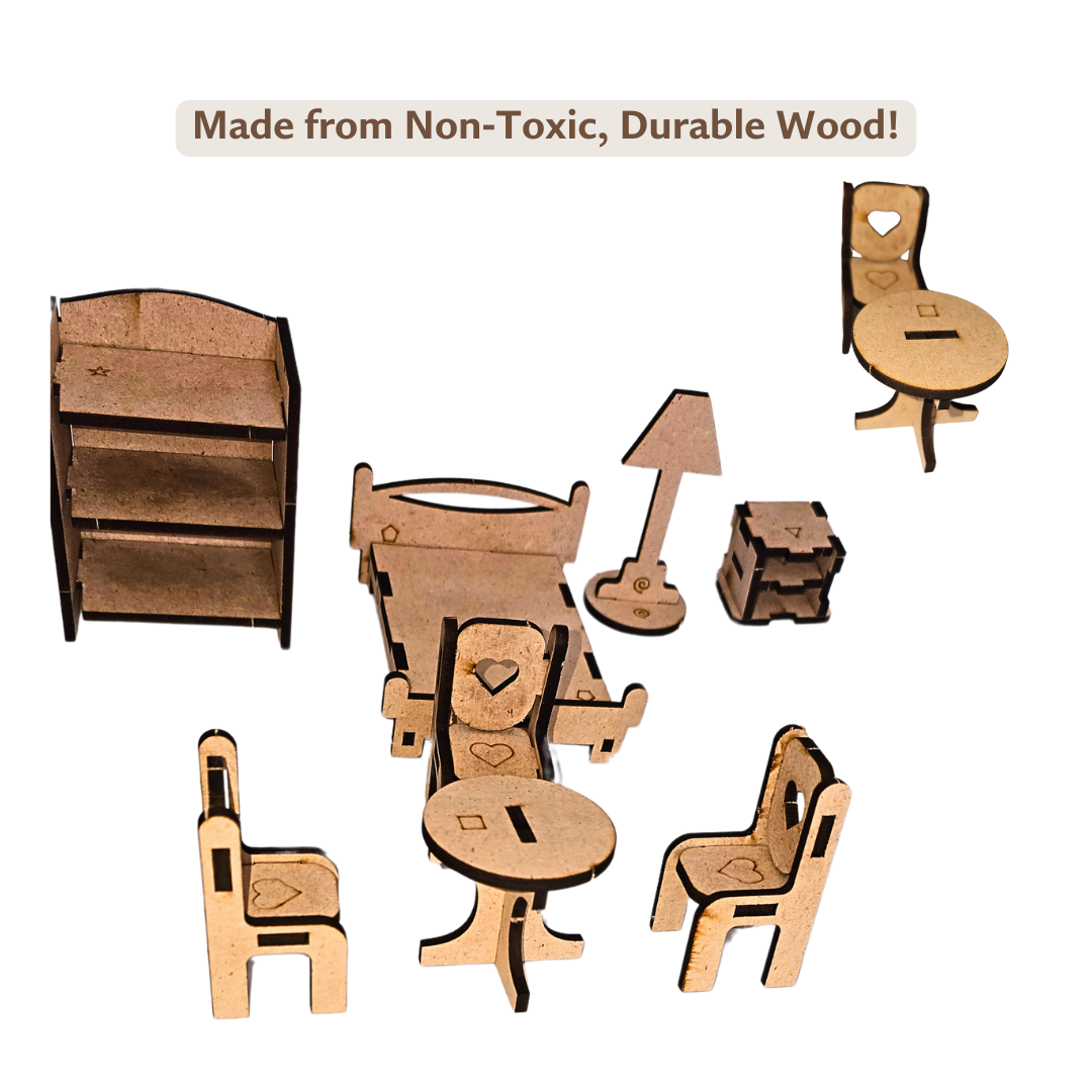 Wooden DIY Dollhouse Kit with Furniture, and Watercolor Set