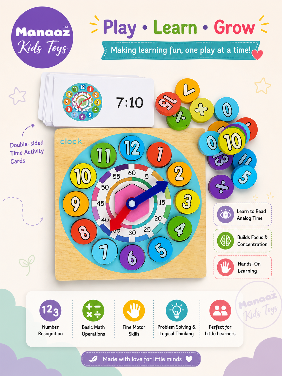 2 in 1 Wooden Learning Clock and Number Toy
