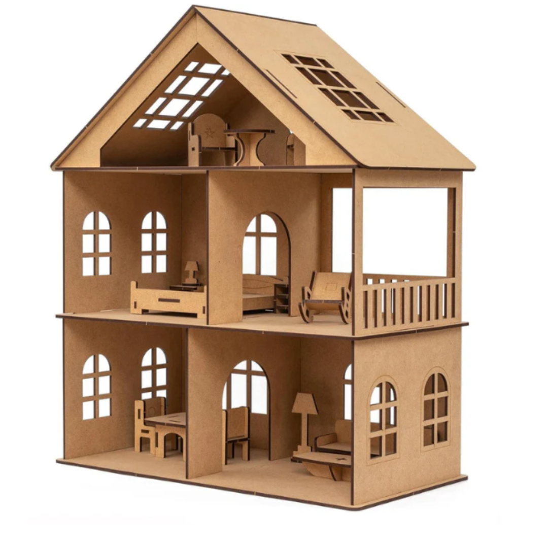 Wooden DIY Dollhouse Kit with Furniture, and Watercolor Set