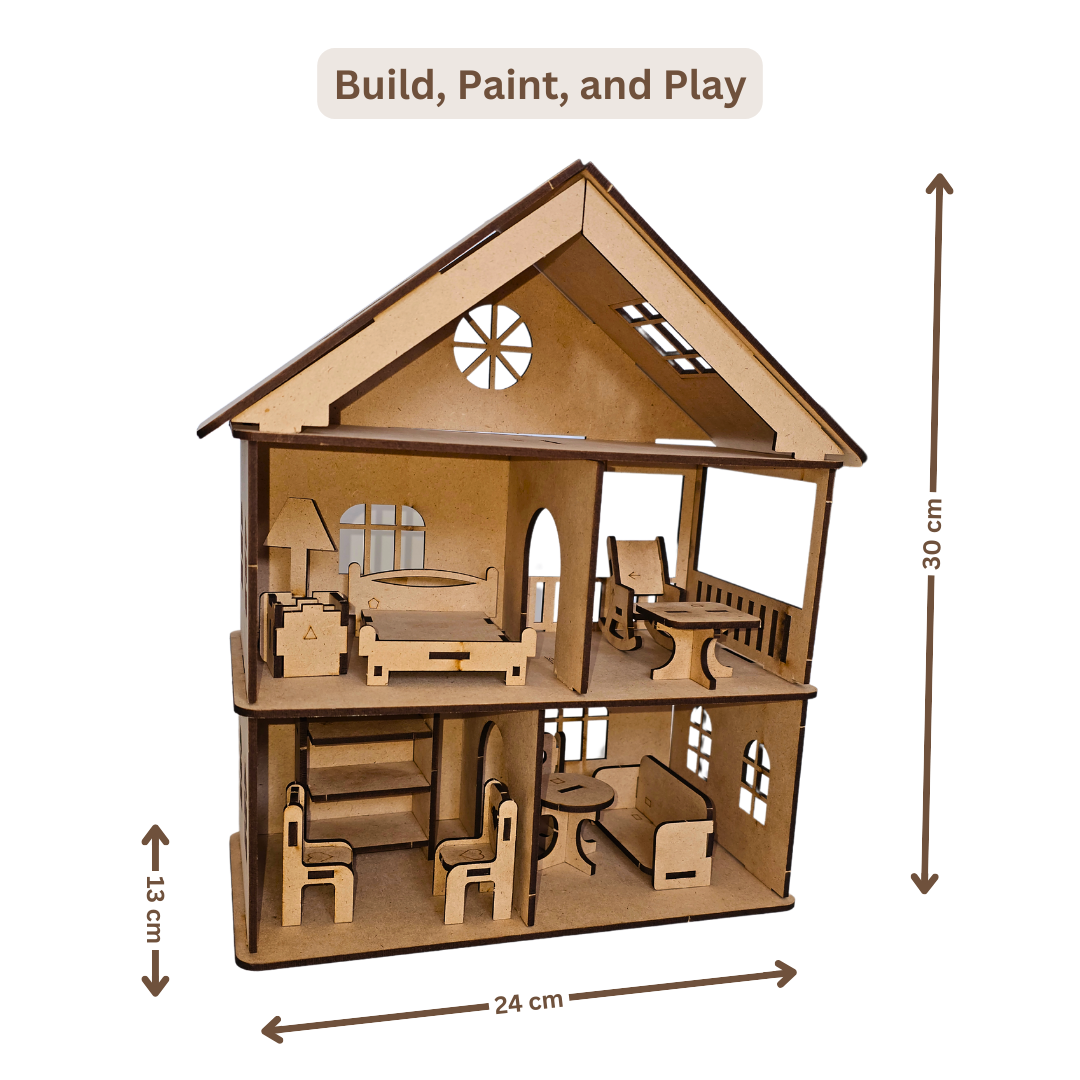 Wooden DIY Dollhouse Kit with Furniture, and Watercolor Set