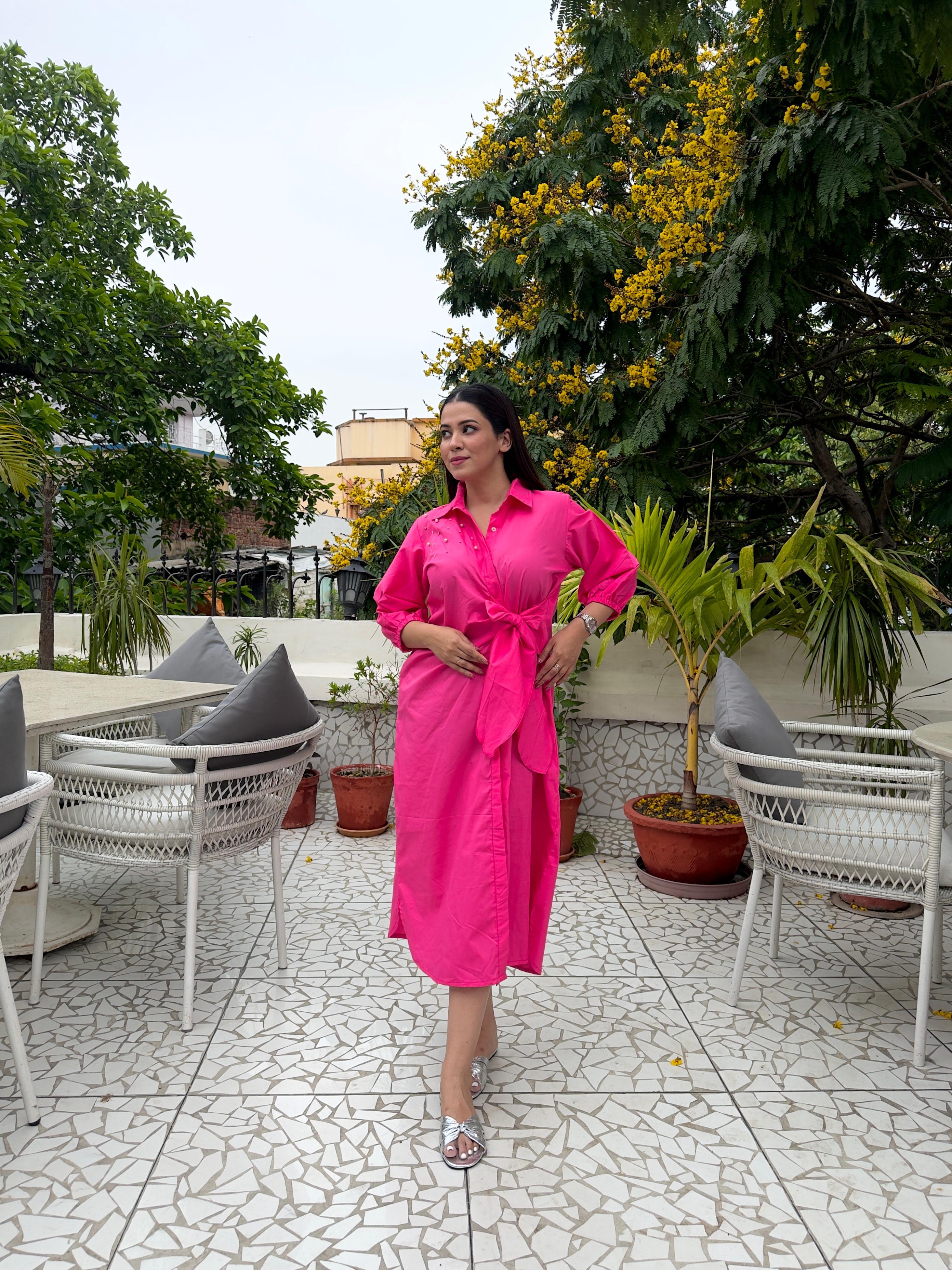 Fuchsia Belted Shirt Dress