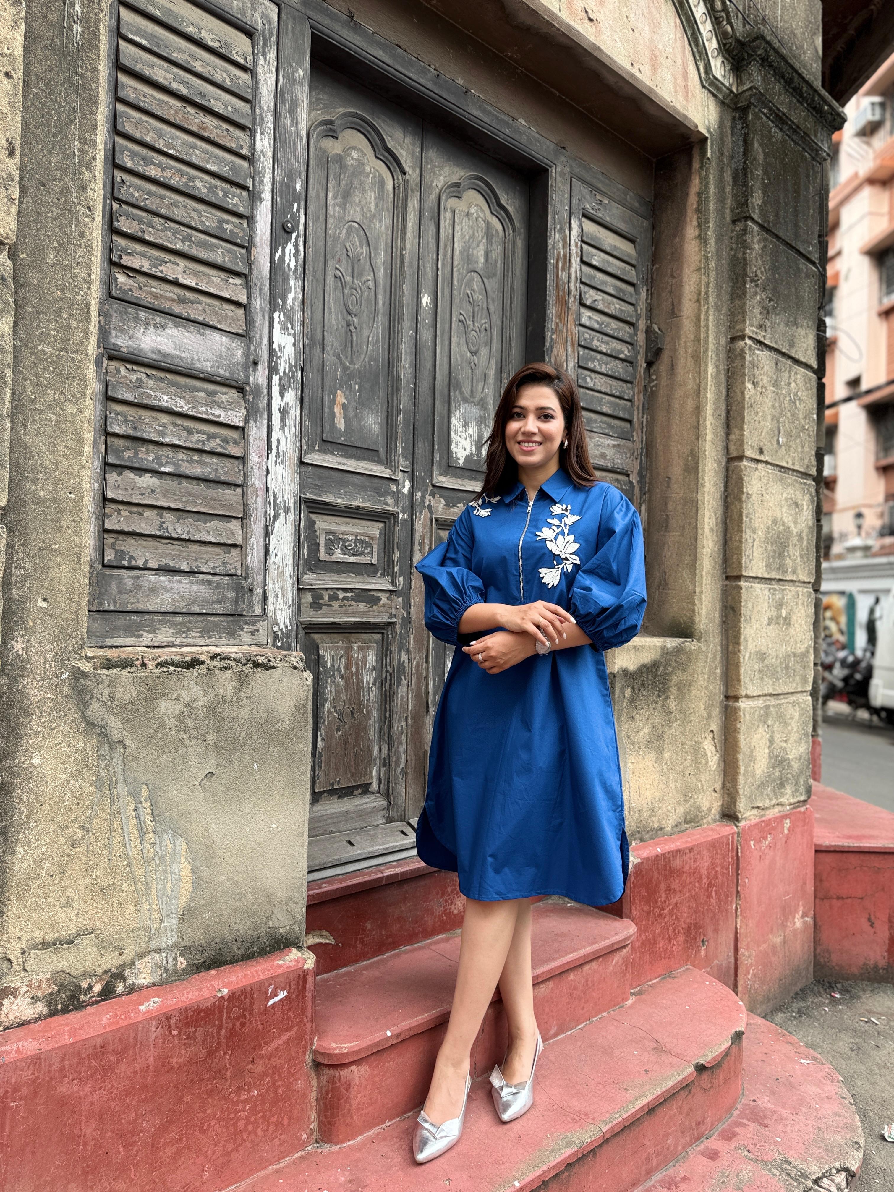 Blue Embroidered Midi Dress