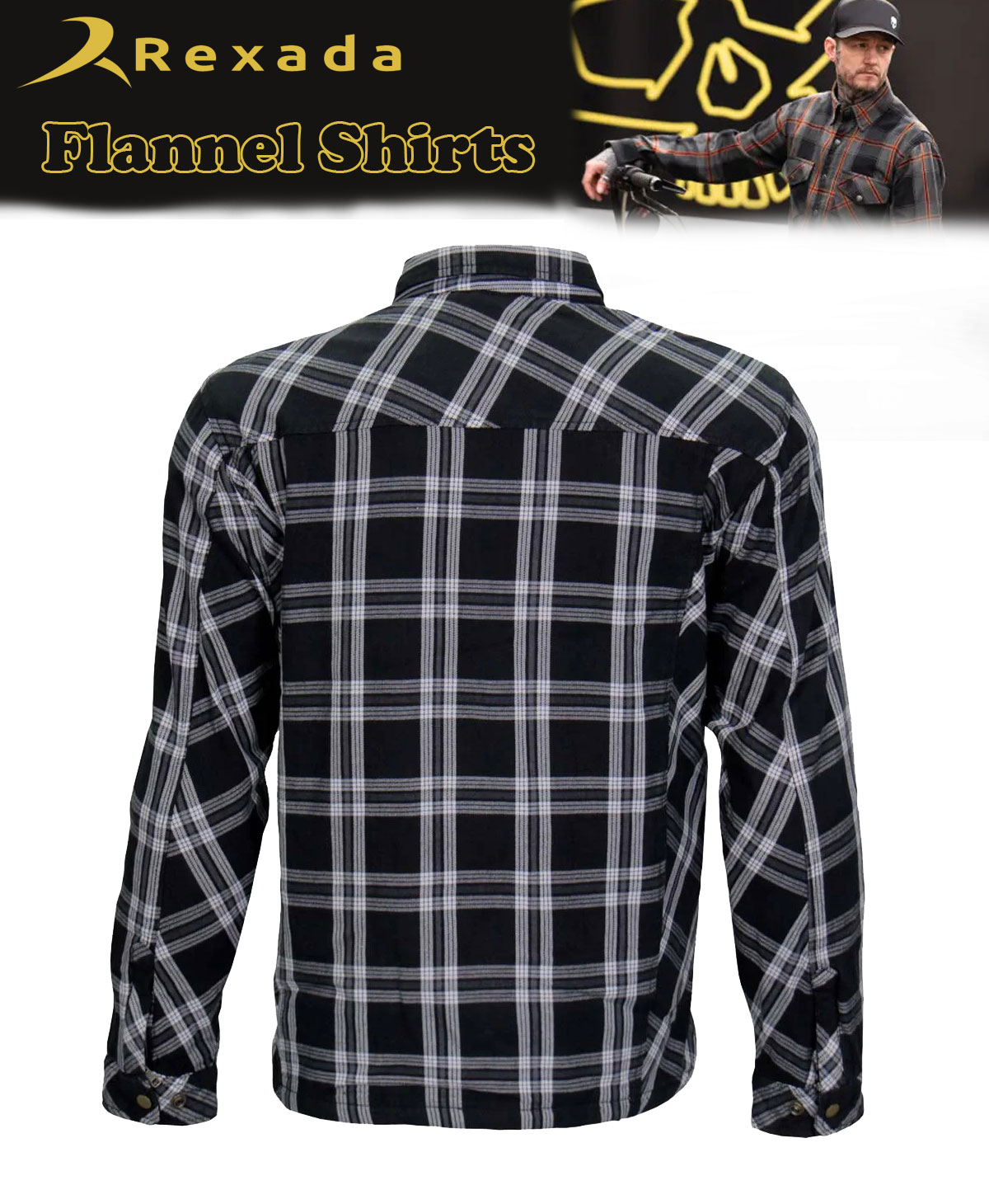 Men's Black and White Flannel Motorcycle Shirt-Jacket w/ CE Armor Protection