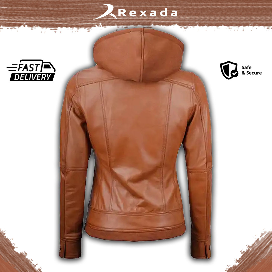 Rexada Shadow Mist Women’s Leather Hoodie – Bold. Sleek. Effortlessly Chic.