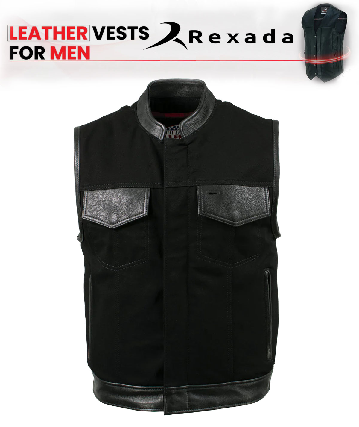 Men's Black Burn Out Denim and Leather Motorcycle Vest with Plaid Red Lining