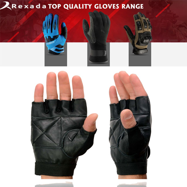 Men's Black Leather Gel Padded Palm Fingerless Motorcycle Hand Gloves W/ Breathable ‘Mesh Material