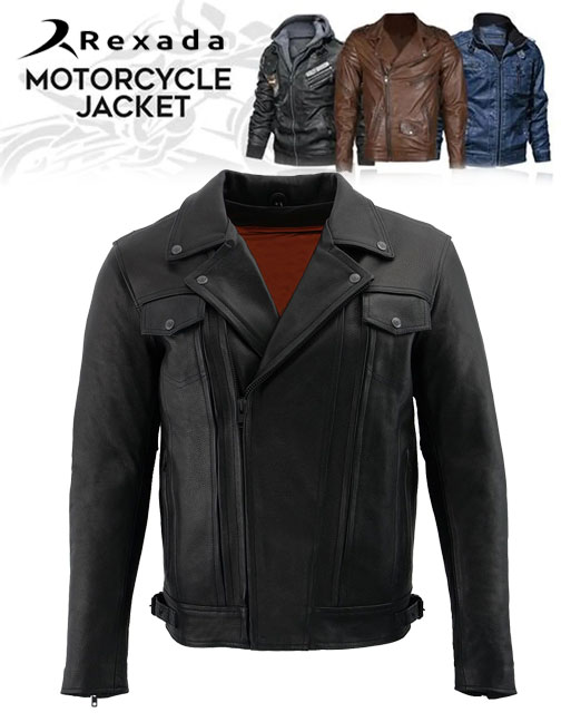 Men's Black Premium Leather Motorcycle Vented Leather Jacket w/ Multi-Utility Pockets